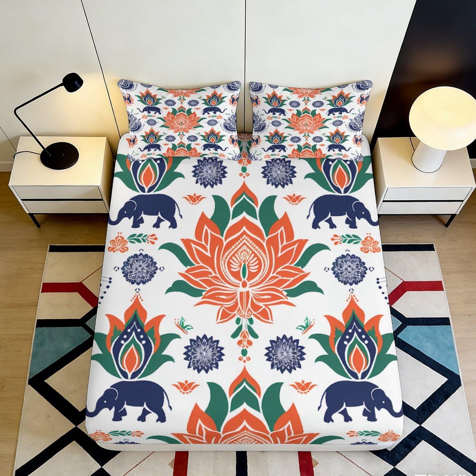 Dhbaneiok Style-9 3D Printed Lotus Flower Fitted Sheet Microfiber Soft Breathable Elephant Mandala Bed Cover For Bedroom Guest Room Decor 90X200x25cm