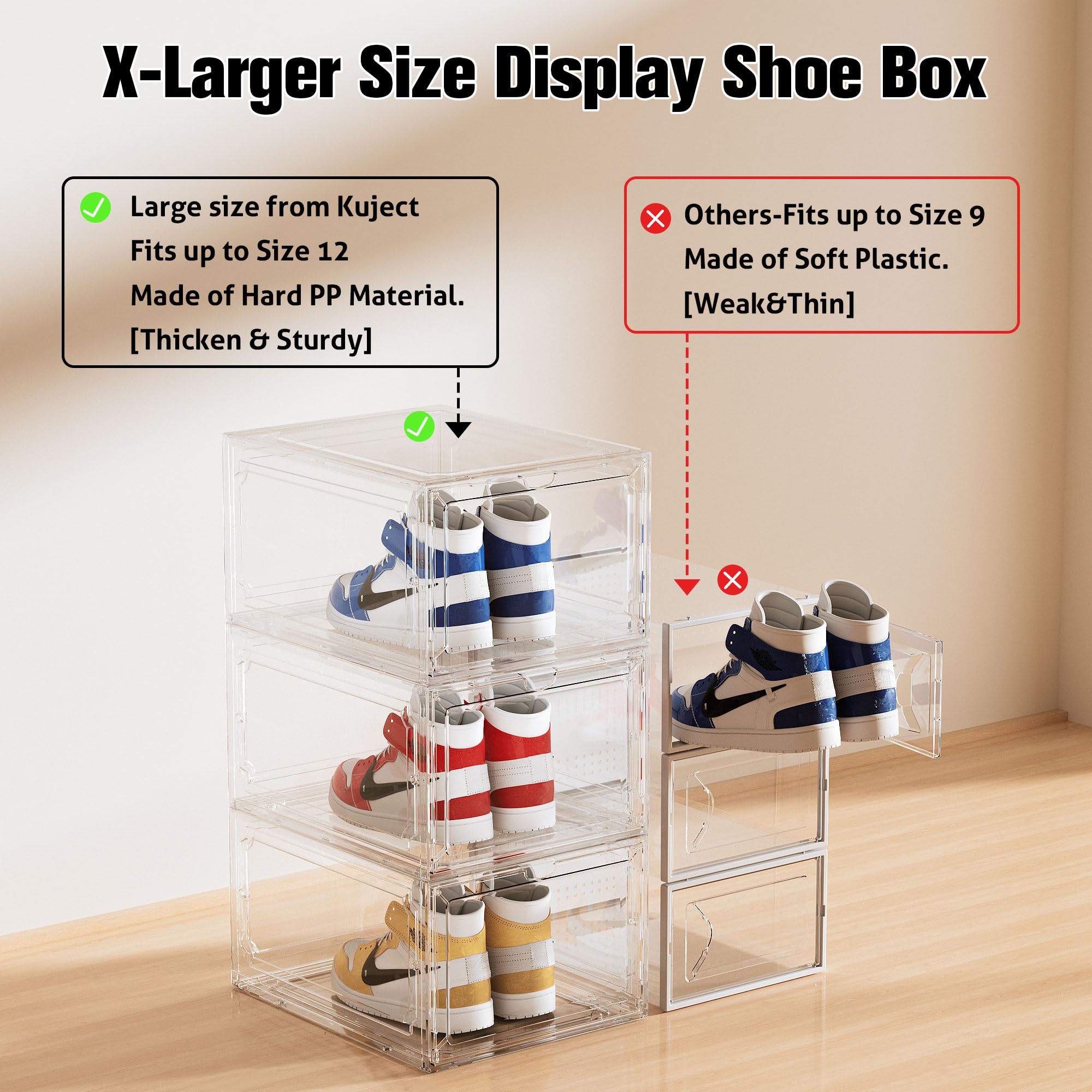 Kuject 7 Pack Clear Rigid Shoe Storage Boxes, Hard Plastic
