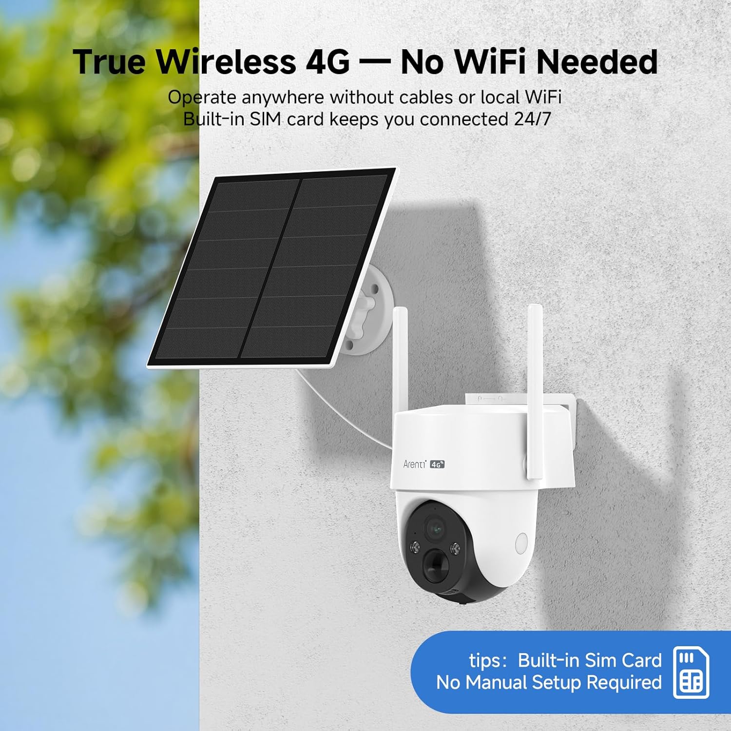 ARENTI 4G LTE Cellular Solar Security Camera Outdoor with AOV 24/7 Recording, 2K HD 10040mAh Battery 8W Solar Camera Outdoor Wireless 360° PTZ Motion Alerts Two-Way Audio IP65, Compatible with Alexa