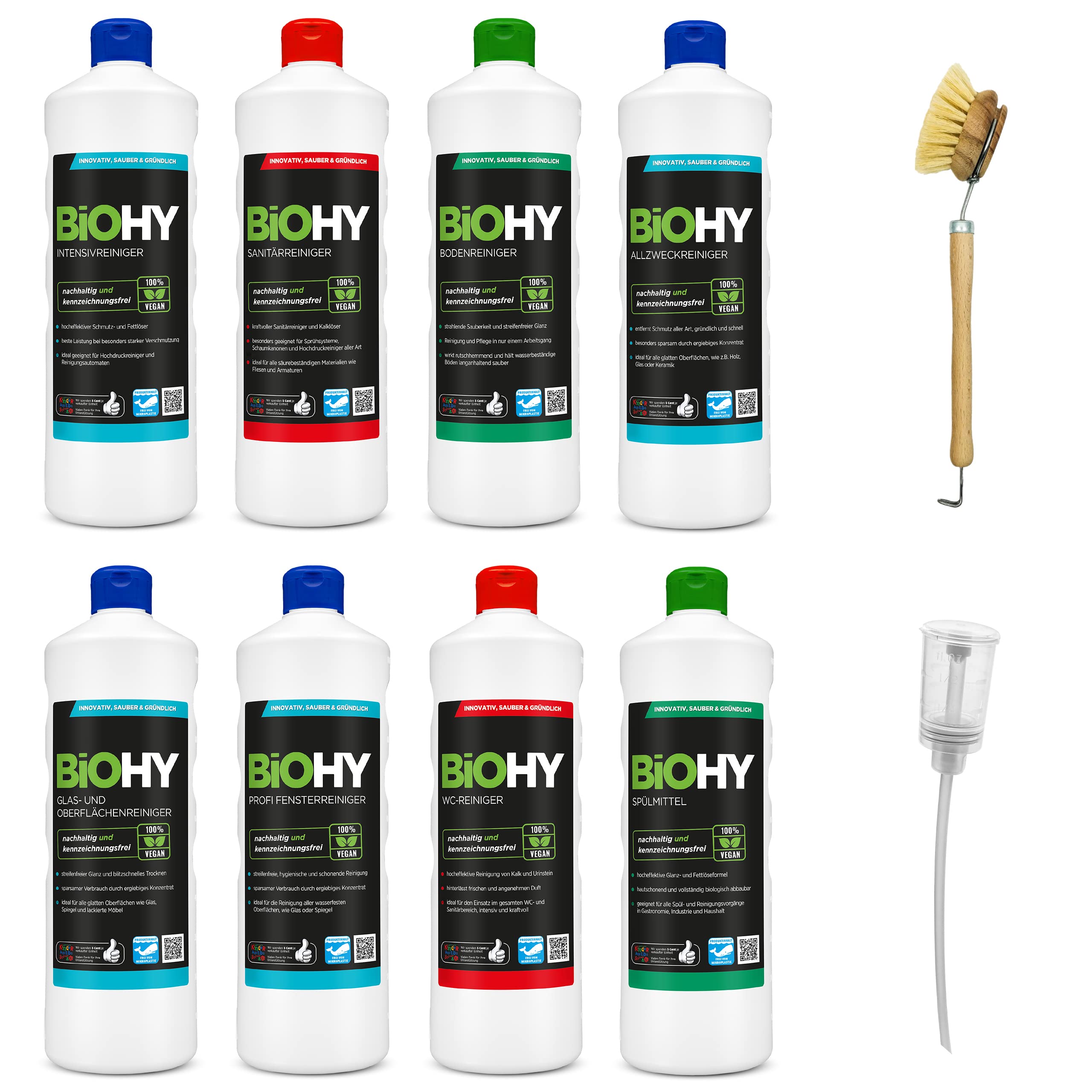 BiOHY Juego completo de productos de limpieza con dosificador y cepillo para lavar platos (8 x 1 L), limpiador de baño, ventanas y suelos, potente y eficiente, limpiador orgánico sostenible