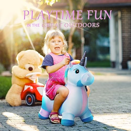 Vista 6 de EVERICH TOY Caballos hinchables de unicornio inflable de peluche para saltar animales de tolva rebotadora para niños pequeños, animales inflables