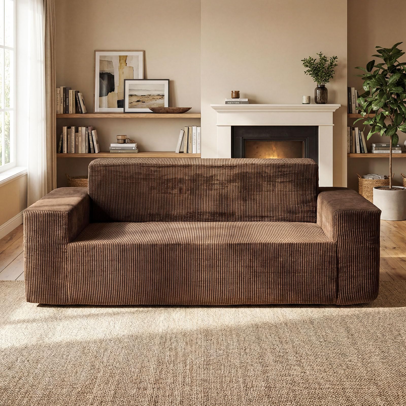 COSTWAY Divano a 3 Posti in Velluto a Coste, Divano Senza Ossatura con Schienale Alto, Braccioli Larghi e Seduta Profonda per Soggiorno, Appartamento e Camera da Letto, 197x97x69 cm