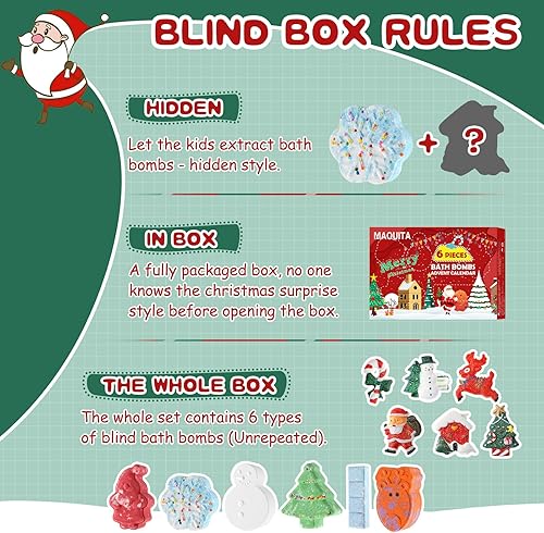 Miniatura 6 de MAQUITA Bombas de baño de Navidad, 6 unidades, divertidos diseños de cajas ciegas misteriosas y sorpresas navideñas, gran regalo de Navidad para