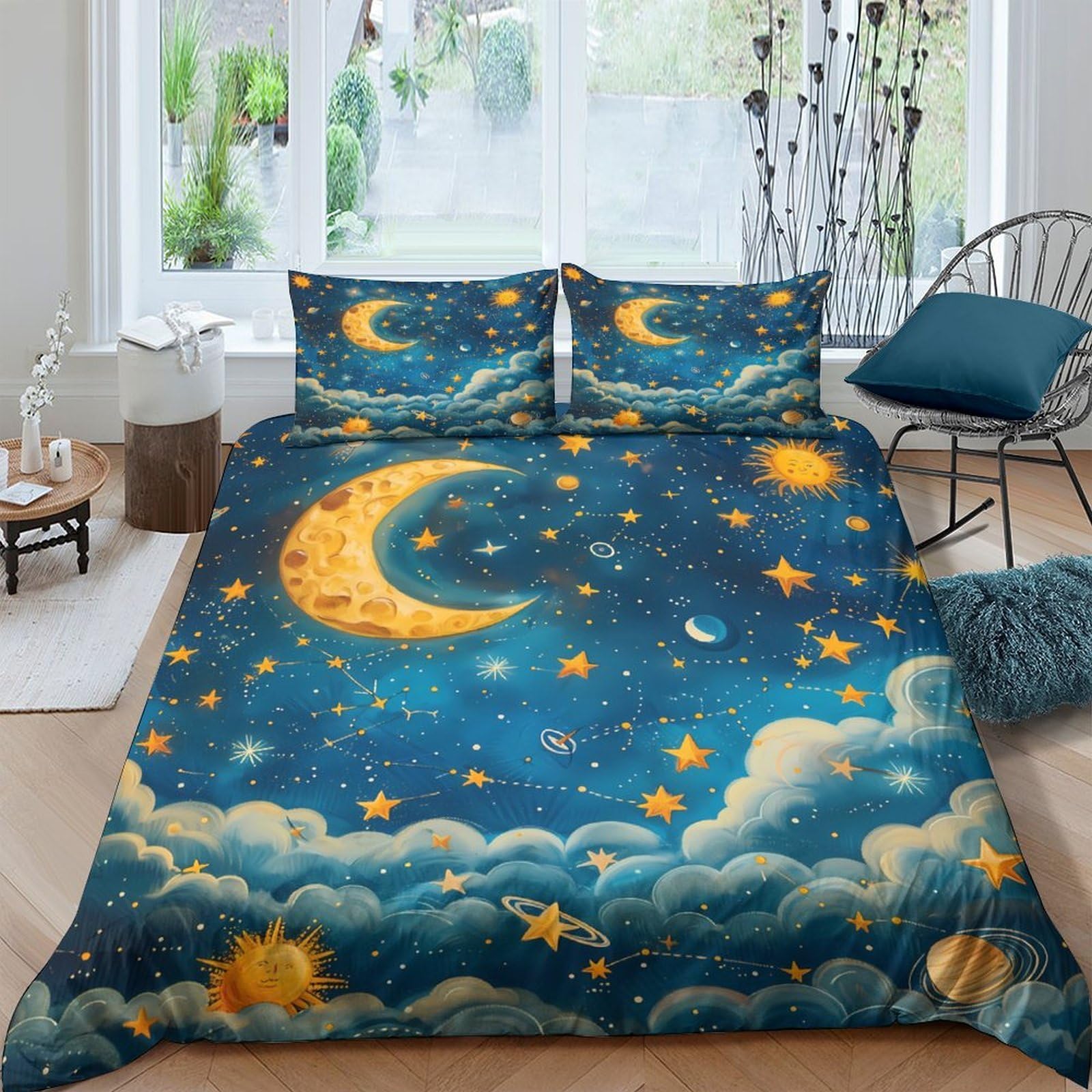 Ctjqhvkz Style-7 3D Printed Moon And Starry Night Fitted Sheet Microfiber Soft Anti-Slip Mattress Cover Bedroom Decor Blue Single（135X200cm）