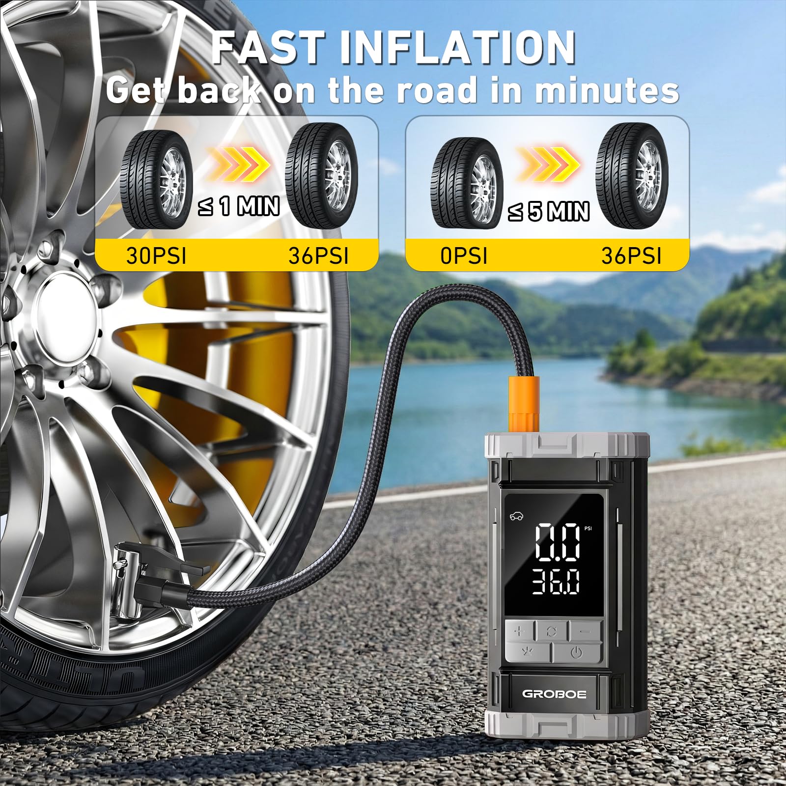 GROBOE Tyre Inflator Air Compressor Portable Car Tyre Pump Cordless Car Air Pump with Digital Pressure Gauge 12V DC 150PSI Rechargeable Electric Bike Pump with Auto Shutoff for Bike Motorcycle Ball - 5