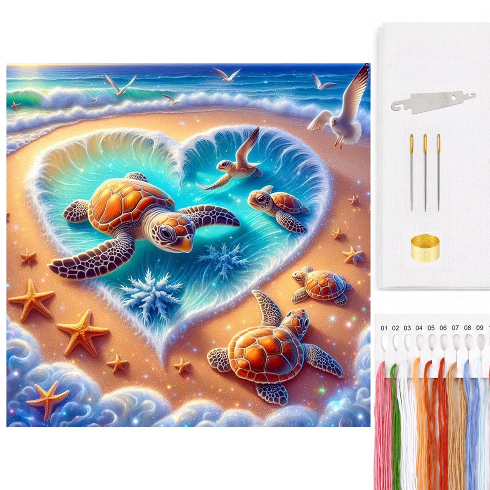 Poetrydraw Turtle Cove Cross Stitch Kit 11Ct 3-Strands Diy Embroidery Starter Set 17.71X17.71in Arts & Crafts For Beginners & Adults (H) — Includes Needle & Thread