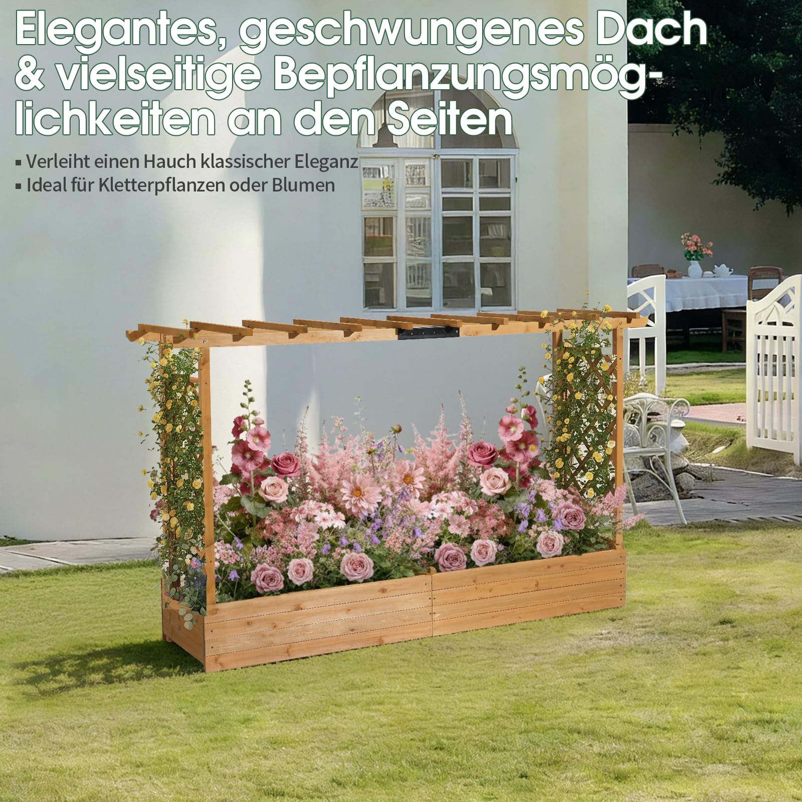 LEADZM pflanzkübel mit rankgitter, Holz Blumenkasten mit rankgitter Ablauflöchern, Hochbeet Balkon für Kletterpflanzen & hängende (Breitere Version(200 x 45 x 113 cm))