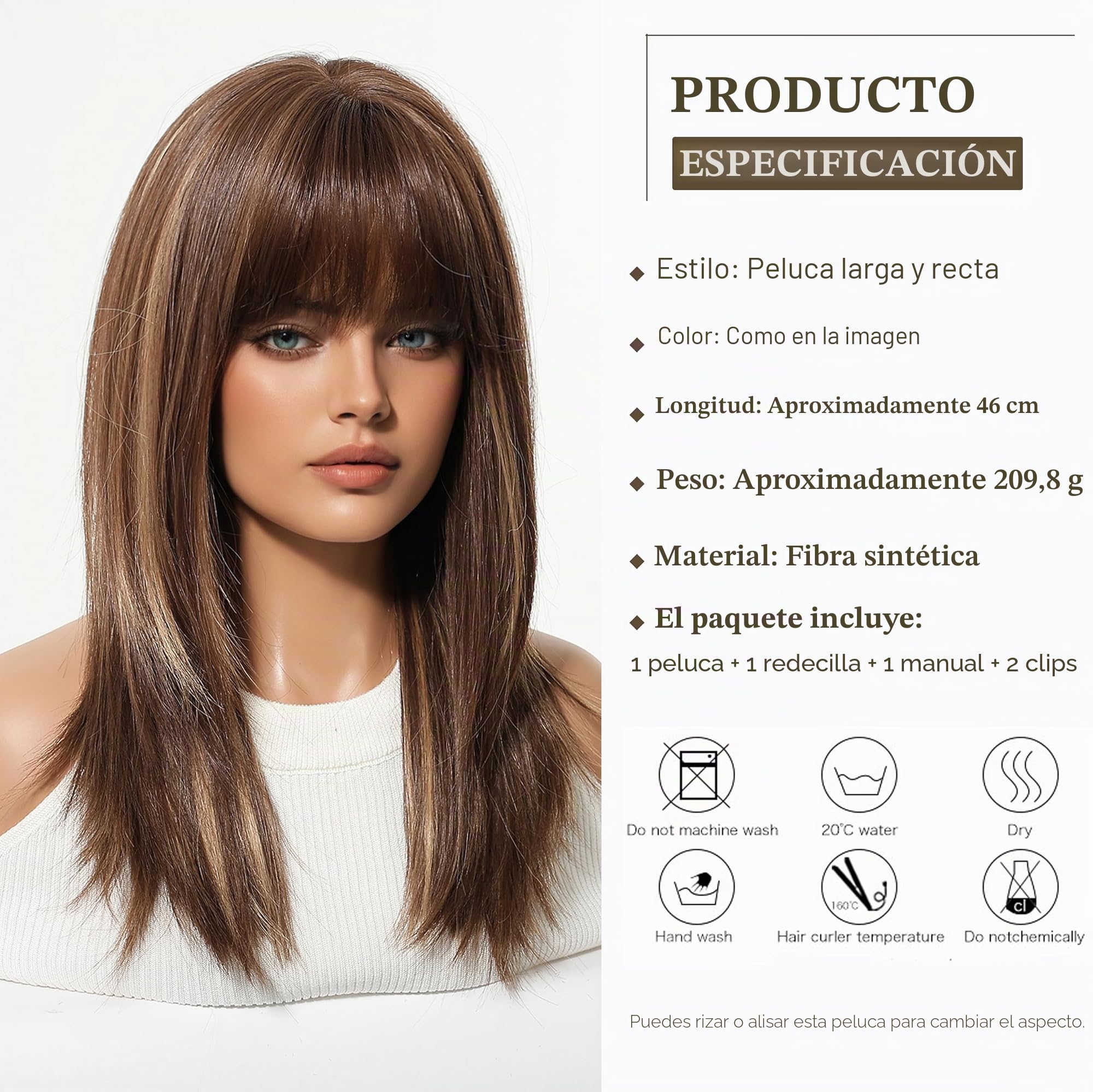 Esmee Pelucas Largo Liso Marrón con Mechas para Mujeres Pelo Sintético Natural Peluca para Uso Diario y de Fiesta
