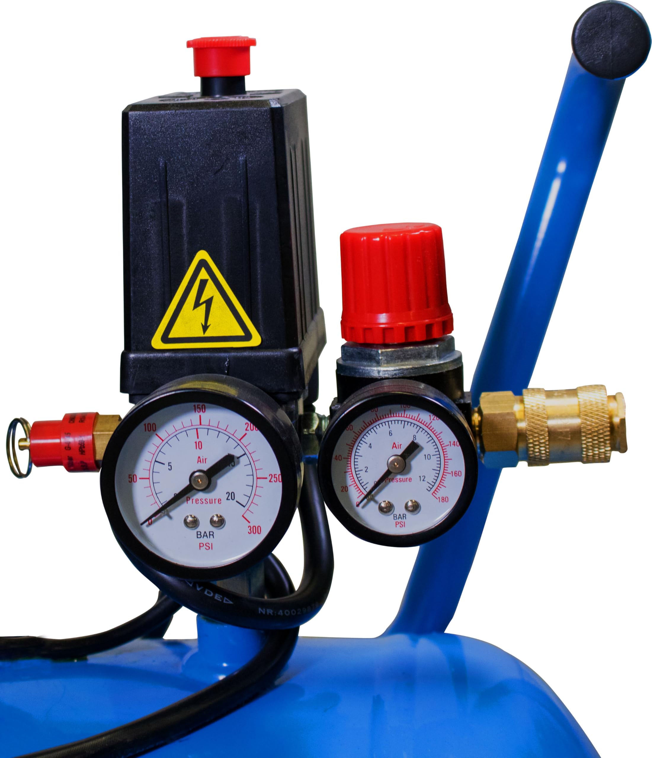 Güde 400/10/50 N Kompressor - 230 Volt, 50 Liter Kessel, 2,2 Kilowatt, max. Druck 10 bar, eff. Liefermenge bei 0 bar 303 l/min, 2-Zylinder-V-Aggregat ölgeschmiert, 2 Manometer, 2 Druckluftkupplungen