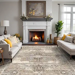 RUUGME Living Room 10x12 Area Rug - Washable Lightweight Area Rug Stain Resistant Carpet Vintage Soft Rugs for Bedroom with Non Slip Backing Indoor Ultra-Thin Rugs Home Decor 10x12 Beige