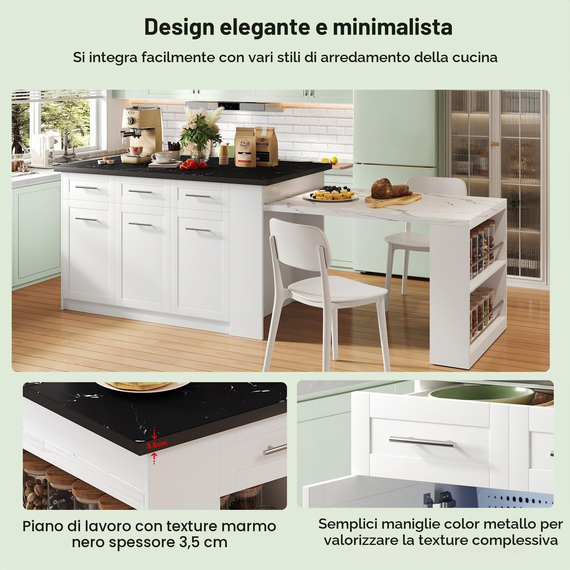 Isola da cucina multifunzione 150+96 cm, tavolo da pranzo allungabile bianco, piano marmorizzato nero/bianco, armadietti integrati