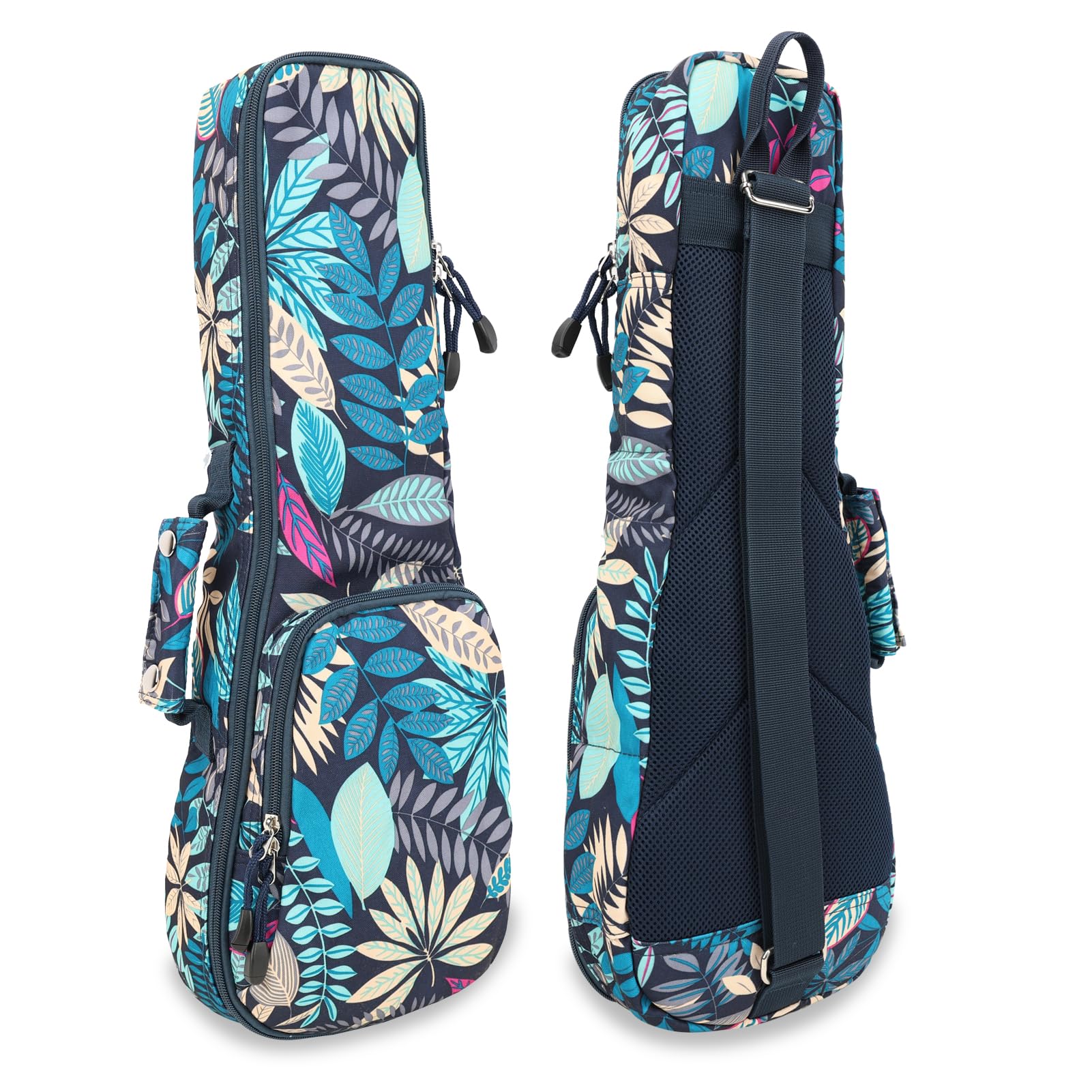 Premium 21" Ukulele Case, 10mm Back Panel Padded,Adjustable Strap,Durable Pocket Bag for Soprano - Blue Leave