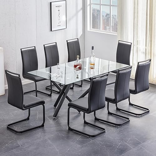 Miniatura 8 de Juego de mesa de comedor moderno para 8 personas, juego de mesa de comedor de cristal templado rectangular de 71 pulgadas y sillas de comedor de