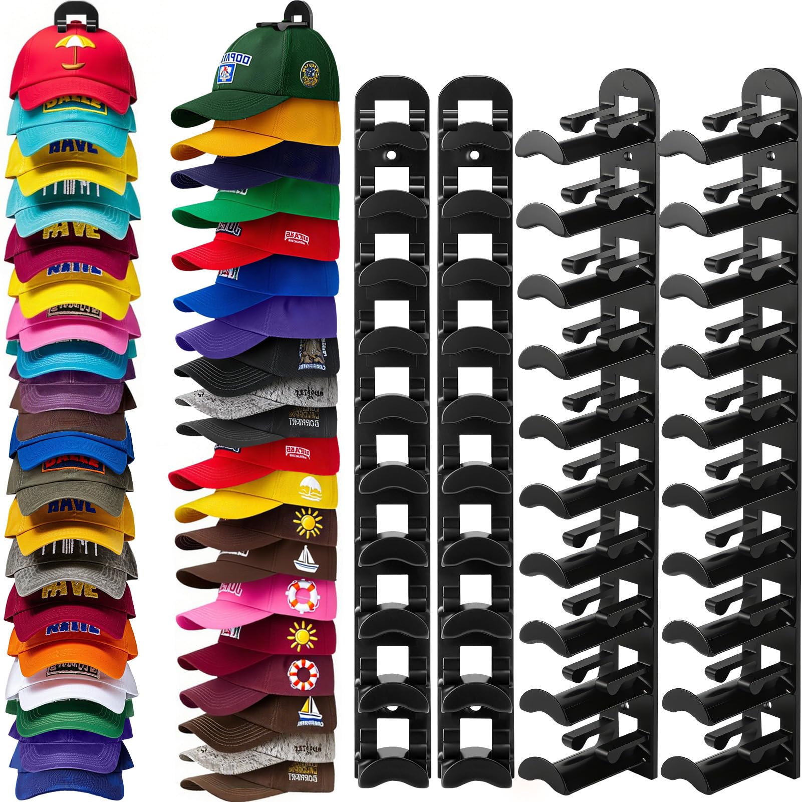 4 Pack Hat Organizer Hat Hook for Wall,Hold up to 40 Hats,Hat Holder with Strong Adhesive and Screws,Cap Holder Hat Hangers for Wall Closet Door and Bedroom(B-Black,4pcs)
