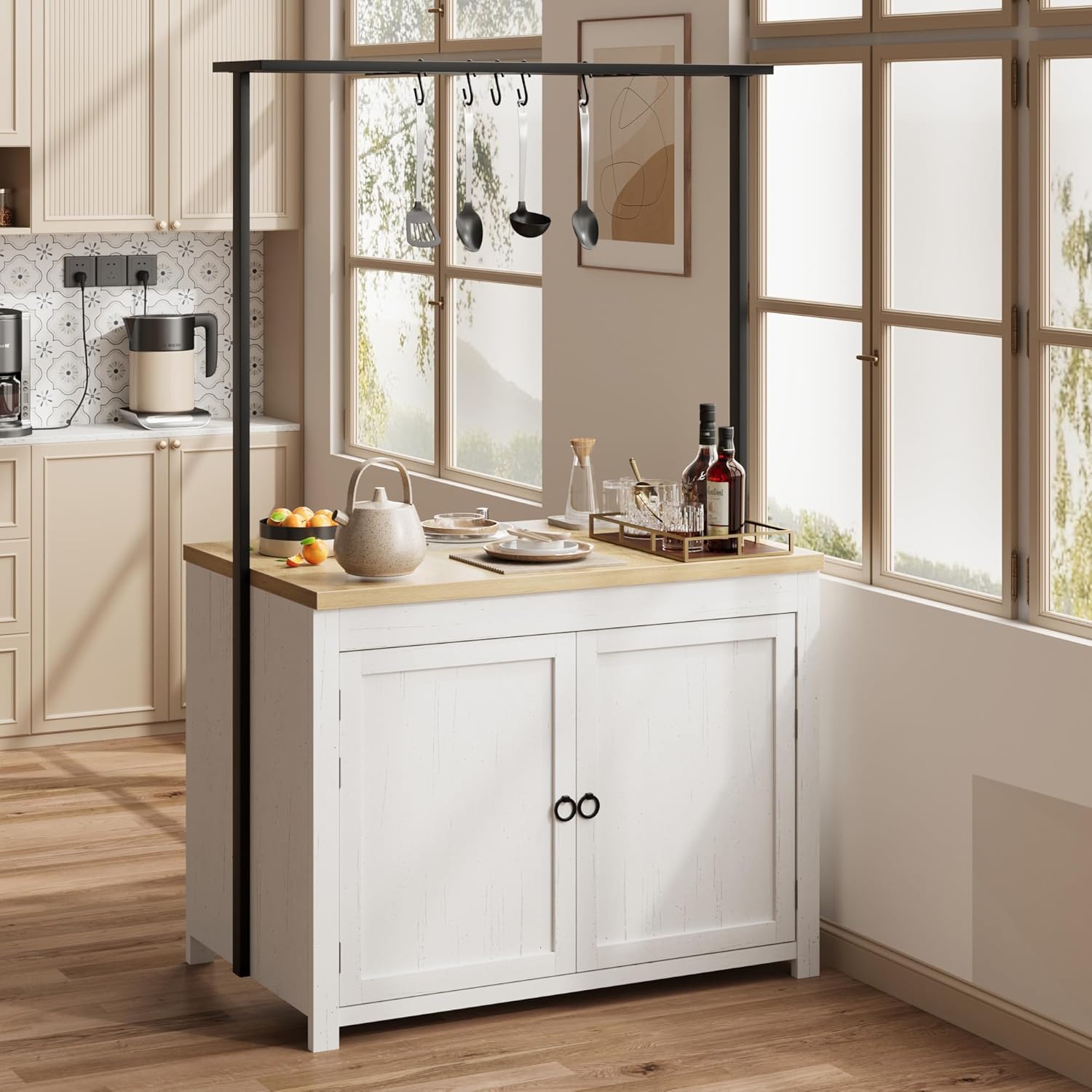 GAOMON 42 inch Heavy Duty Kitchen Island with Wood Countertop & Storage, 400 LB Capacity Mobile Kitchen Cart, 2-Tier Shelves with 5 Hooks for Small Spaces, White & Natural