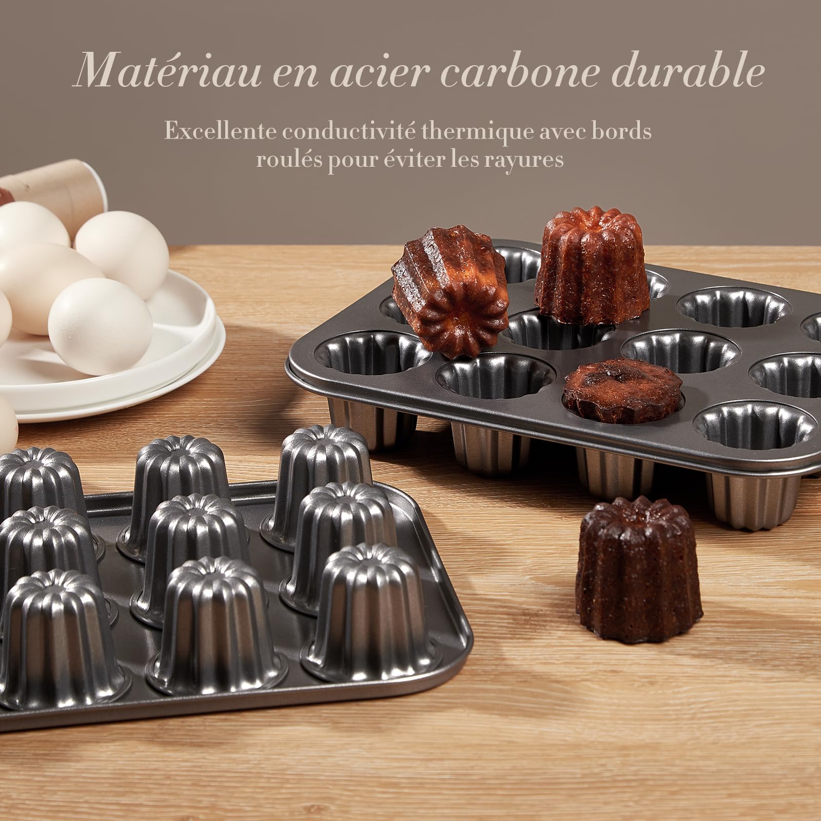 ROSSETTO Moule à Cannelés 12 Cavités en Acier Carbone – Moule à Gâteau Antiadhésif pour Four, Moule à Pâtisserie Résistant, Gris