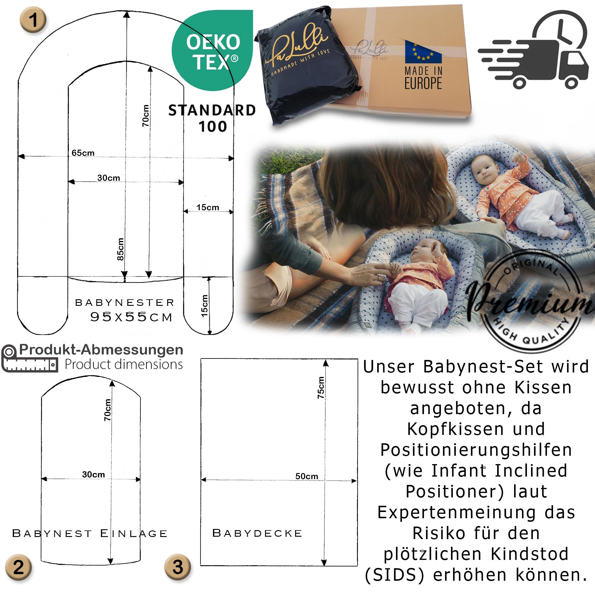 PALULLI Premium zestaw do przytulania z gniazdkiem dziecięcym 90x50 wyjmowana wkładka koc do przytulania poduszka na kark poduszka płaska poduszka dla niemowląt, 100% bawełna Oeko TEX (Foxy)