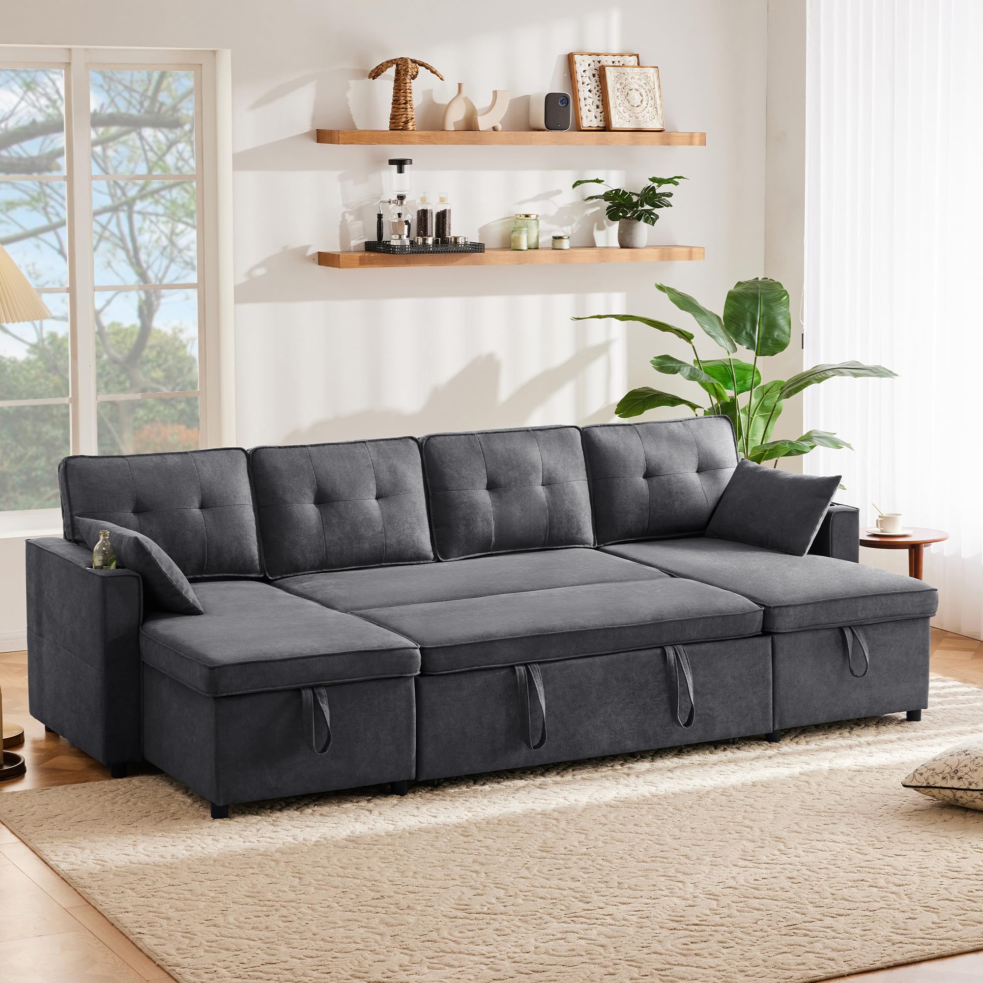Design moderno, mobili imbottiti, divano a 4 posti, divano a forma di U, divano letto con funzione di sonno, tessuto di lino, con porta bevande, due alloggi, adatto per famiglie, soggiorni e altri