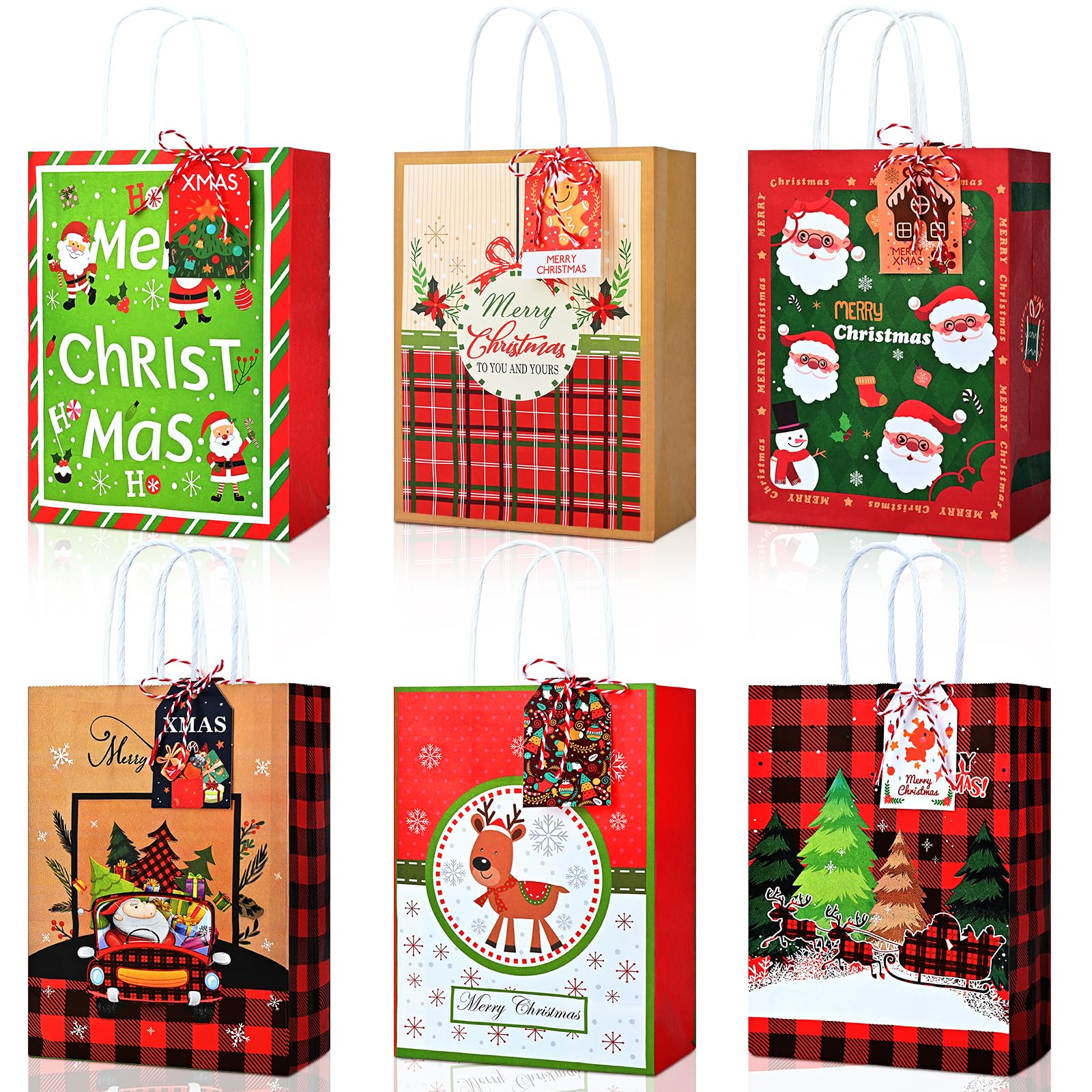 12PCS Christmas Kraft Gift Bags for Present Wrapping, Holiday Paper Goody Gift Treat Candy Packing Bags with Tags for Xmas Decor Supplies Class Wedding and Party Favors (Colorful)