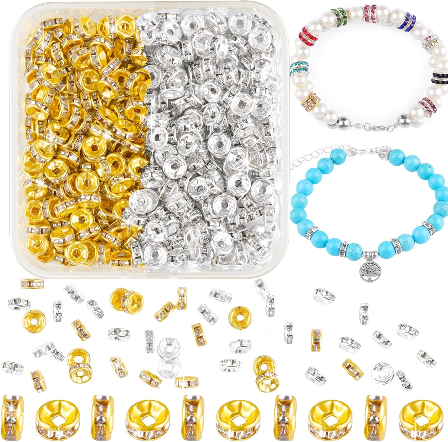 400Pcs 6mm Rondelle Spacer Beads for Jewellery Making, Crystal Spacer Beads Gold/Silver Sparkling Rhinestone Flat Loose Beads for DIY Bracelet Necklace Crafts Decorations