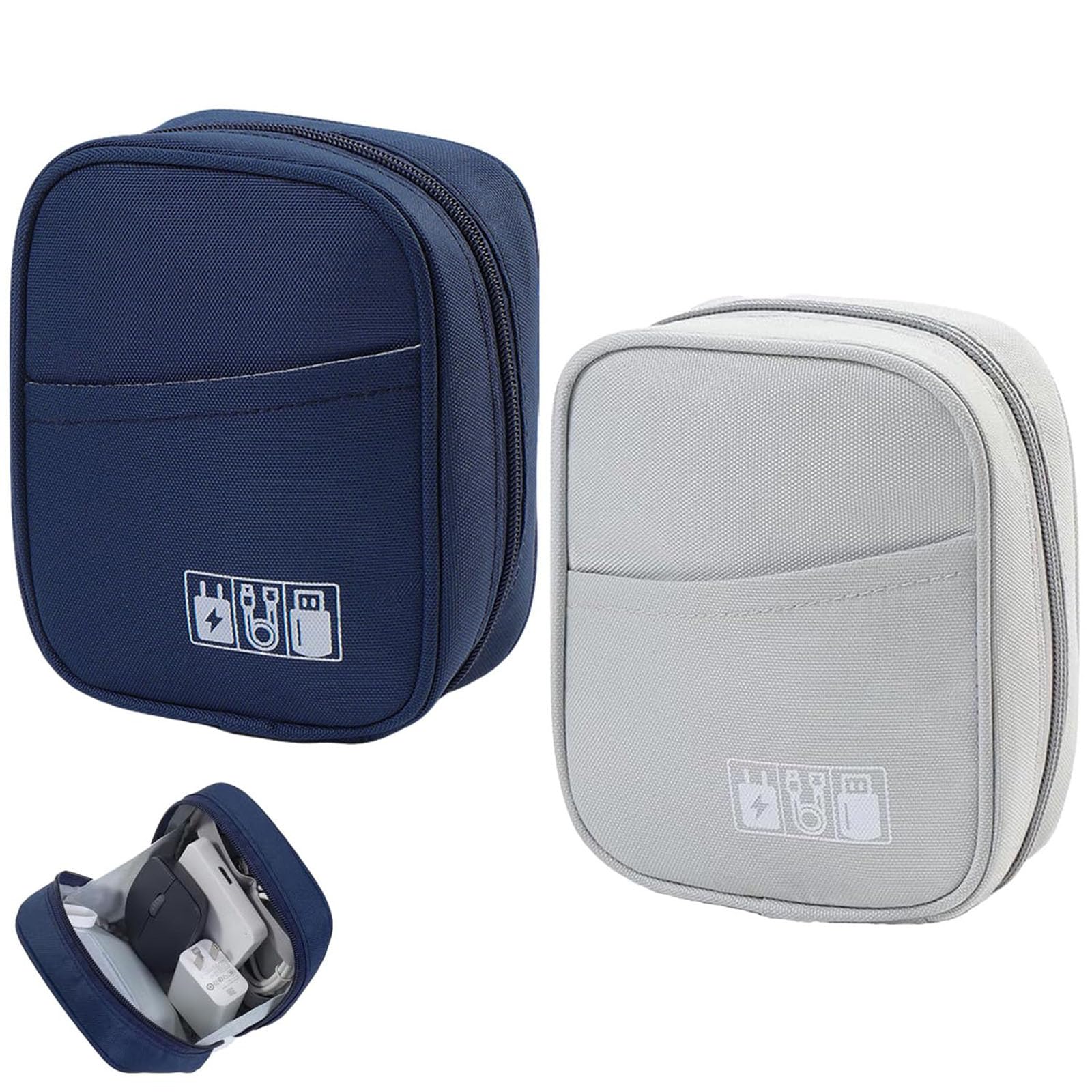 2Pcs Tech Pouch, Charger Organizer for Daily Commute and Business Trips, Cable Organizer with Multiple Compartments, Travel Essentials for Men, Navy Blue and Light Gray-image-6