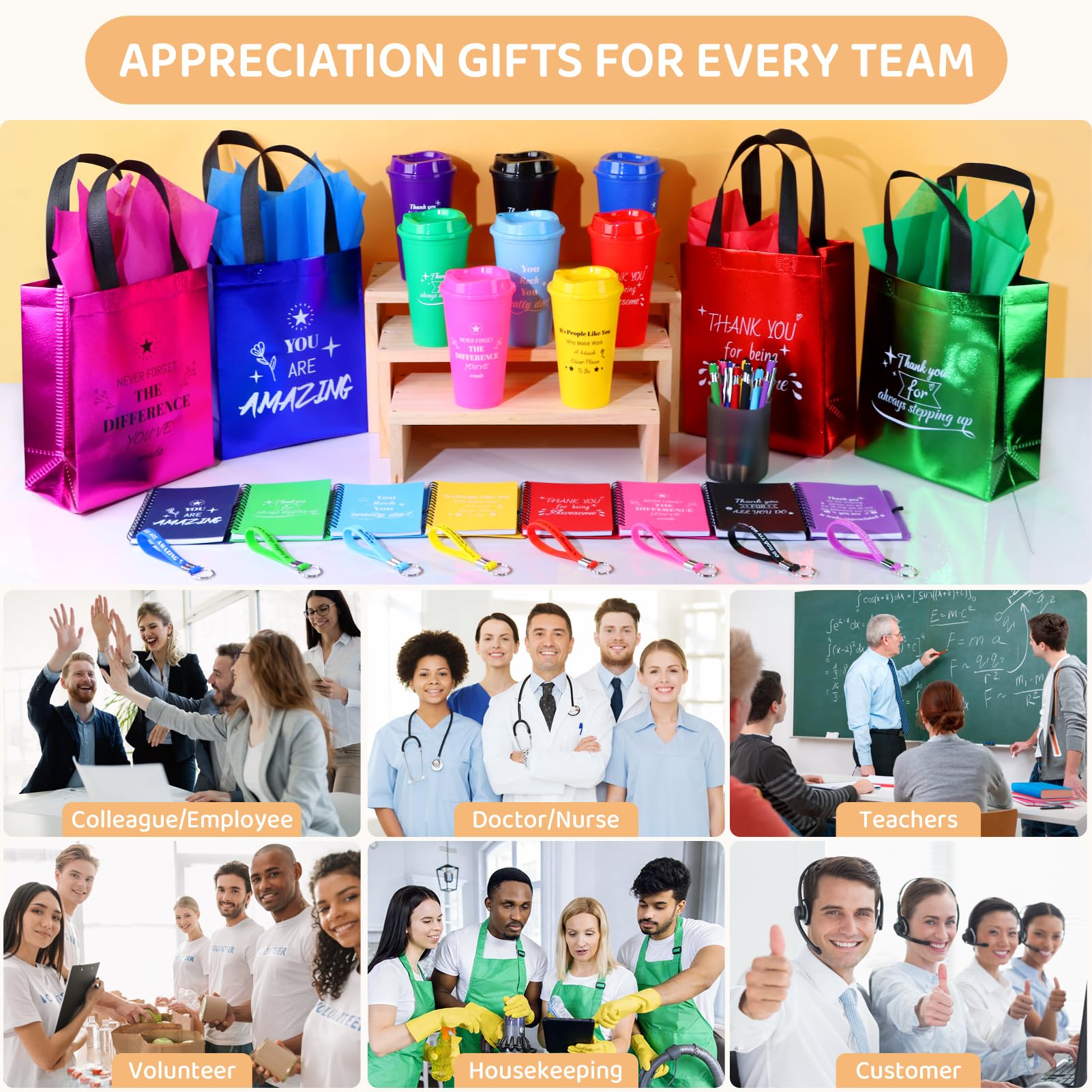 96 piezas/16 juegos de regalos de agradecimiento para empleados a granel, incluye bolsas de regalo de agradecimiento con cuadernos de papel de seda, bolígrafos, tazas, llaveros, regalos de