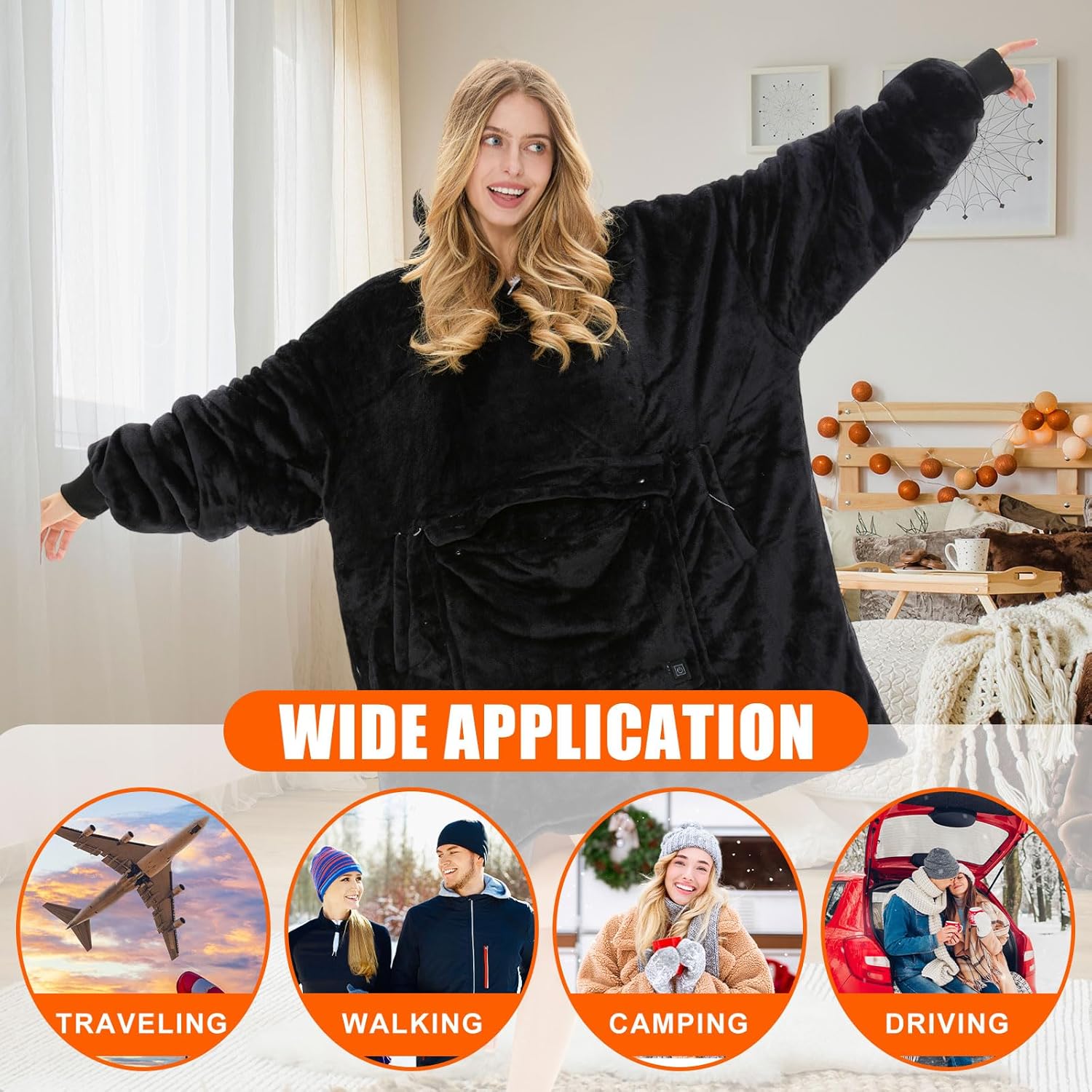 Heated Blanket Wearable Hoodie USB Oversized Heated Sweatshirt for Women with Giant Pocket 3 Heating Levels(Black,No Pattern) - Image 4