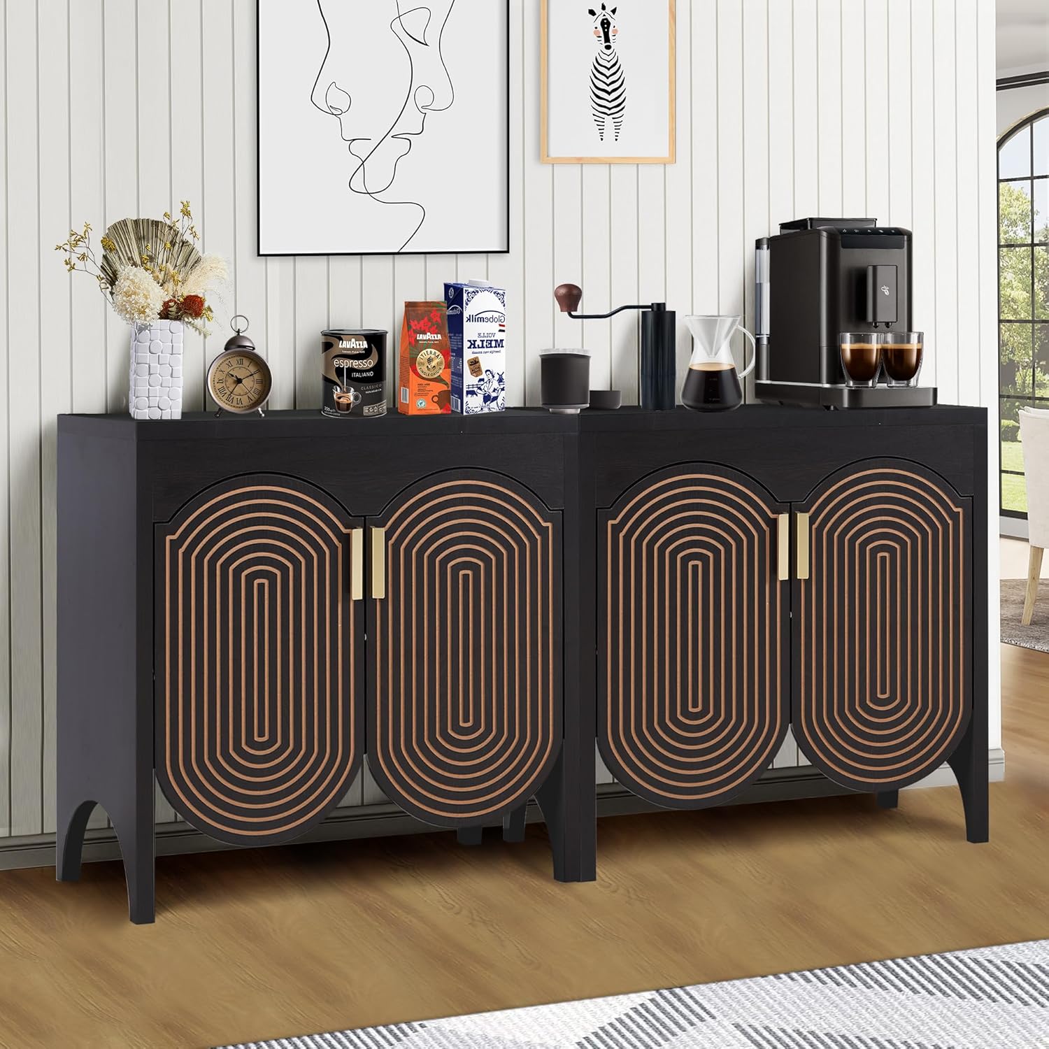 Fluted Buffet Cabinet with Storage, Sideboard Buffet with Curved Door, 2 Doors Storage Cabinet with Adjustable Shelves for Kitchen Dining Room Living Room (2 Door, Black)