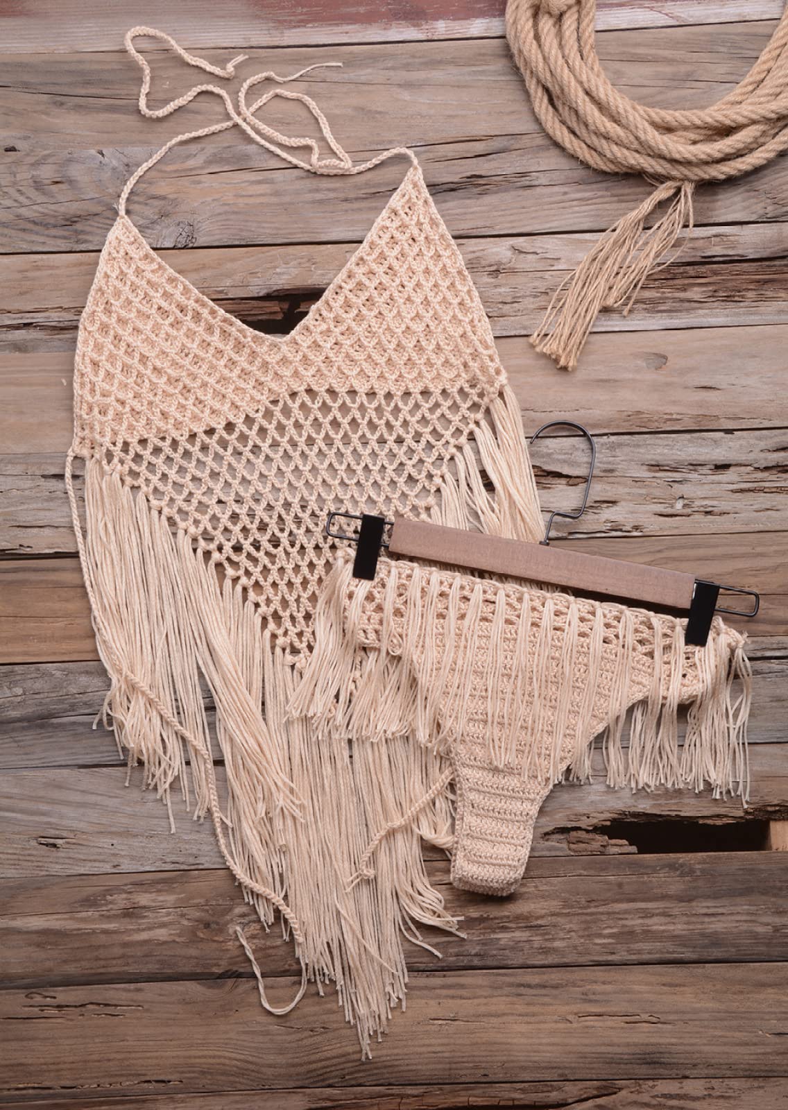 Verano Sexy Mujer Encaje Crochet Hueco Borla Bikini Dos Piezas Traje De Baño Playa Vestido Ropa De Playa Moda Lencería Traje De Baño Ropa