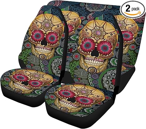Sugar Skull Car Seat Cover and Mats Set – Día de Los Muertos Mexican Calaveras Hooded Protector with Colorful Rug Mats for Auto Interior Decoration (2pcs Front seat Covers)
