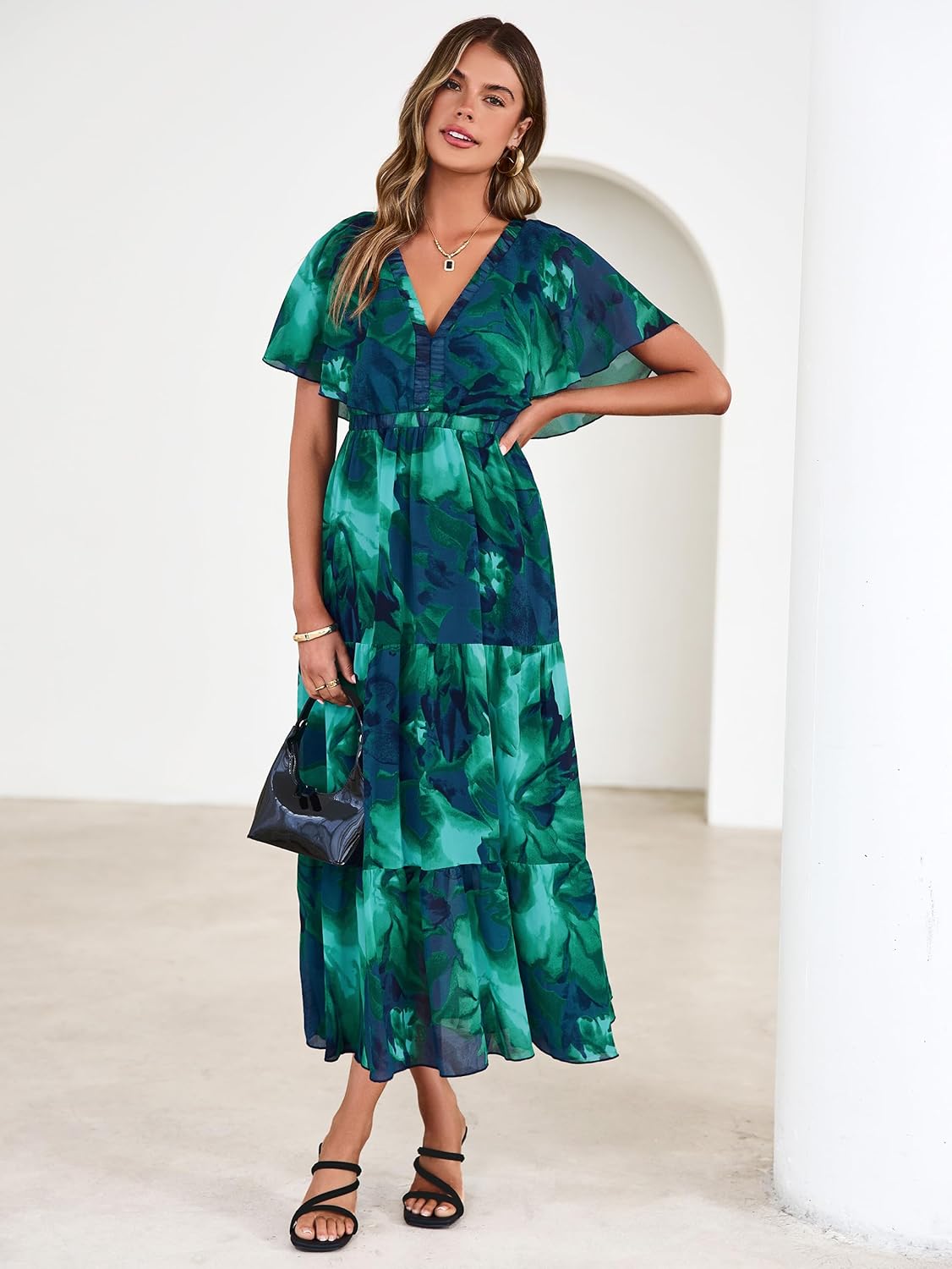 Simplee Womens Floral Boho Maxi Dress Summer Beach Wedding Guest V Neck Ruffle Sleeve Long Flowy Dresses - Image 5