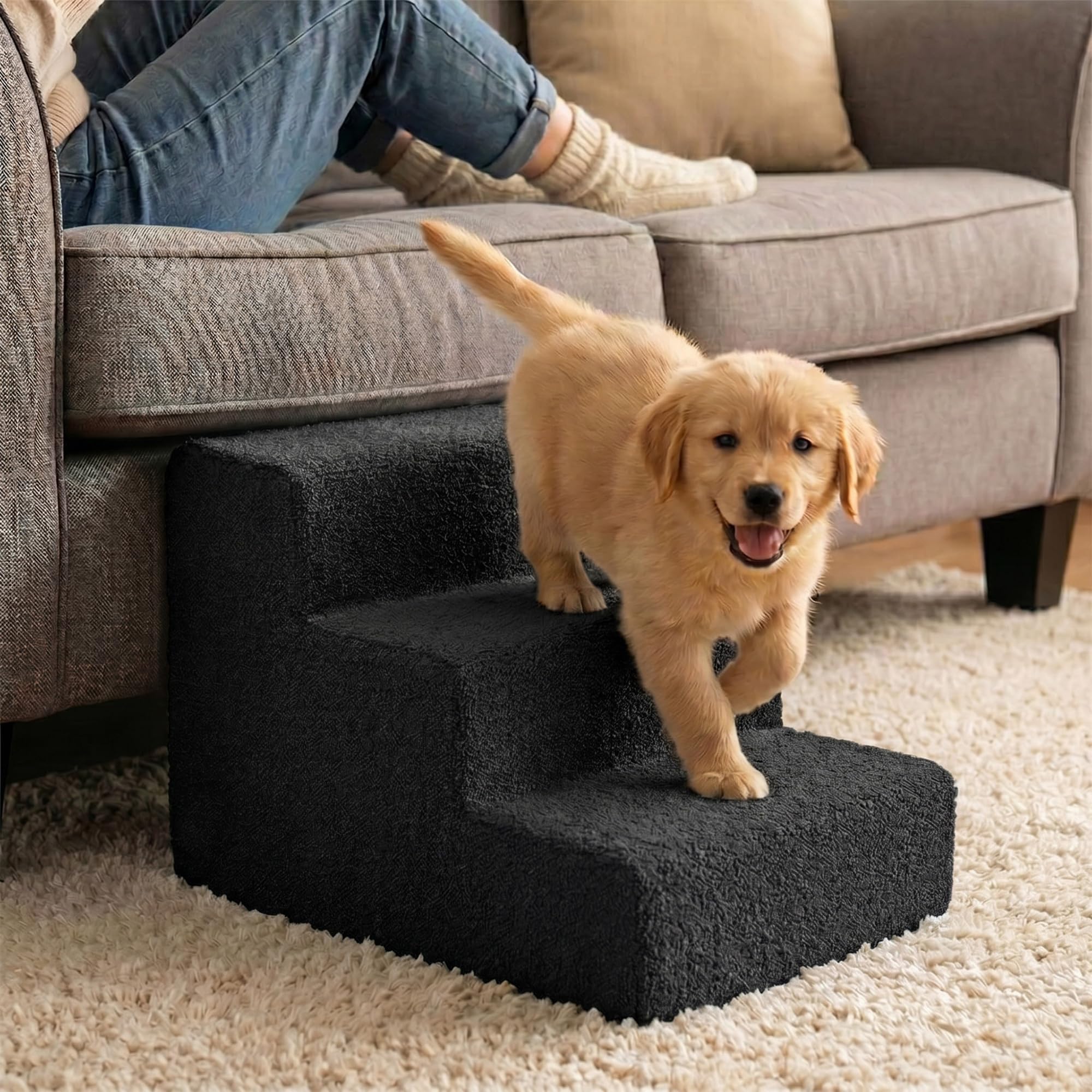 murando Escalera para Perros de 3 Etapas - Rampa de 30 cm de Altura para Cama y Sofá - Peldaños para Mascotas, Perros y Gatos - Espuma de Alta Densidad, Antideslizante - Material de Bouclé - Negro