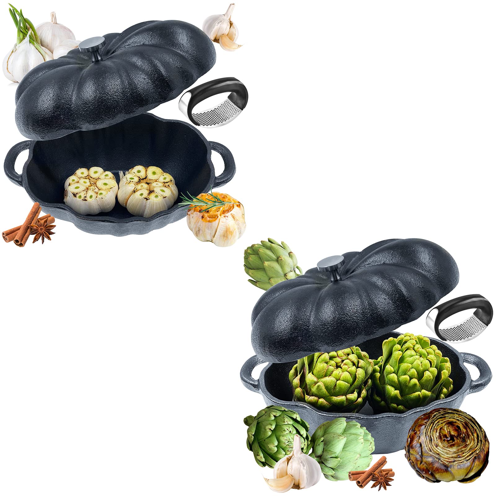 2Pack Pre-Seasoned Cast Iron Garlic Roaster and Artichoke Roaster, Serve Fresh Roasted Garlic Artichoke Hearts for Kitchen Oven BBQ Grill, Artichokes Garlic Roasters, Garlic Cooker Vegetarian