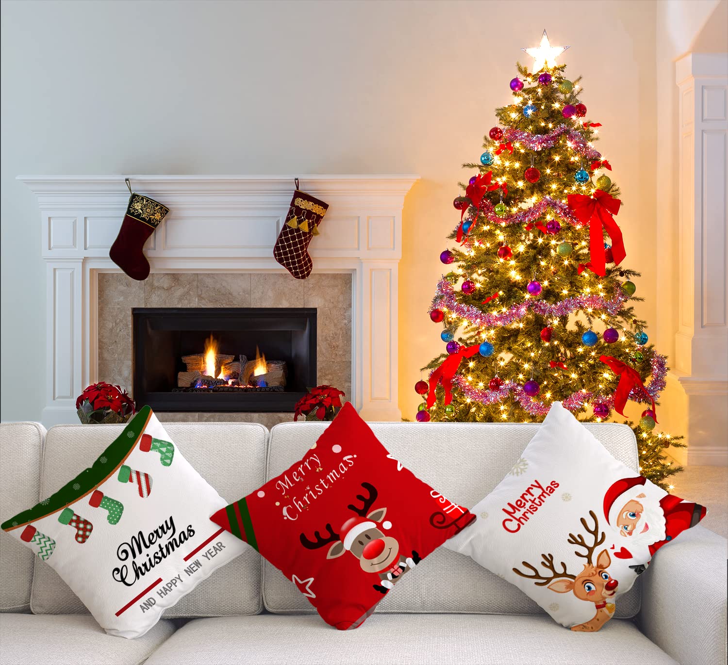 Ywlake Set di 4 federe per cuscino natalizie, 16 x 16, serie Merry Christmas, motivo cartoni animati, in cotone e lino, federe decorative per divano