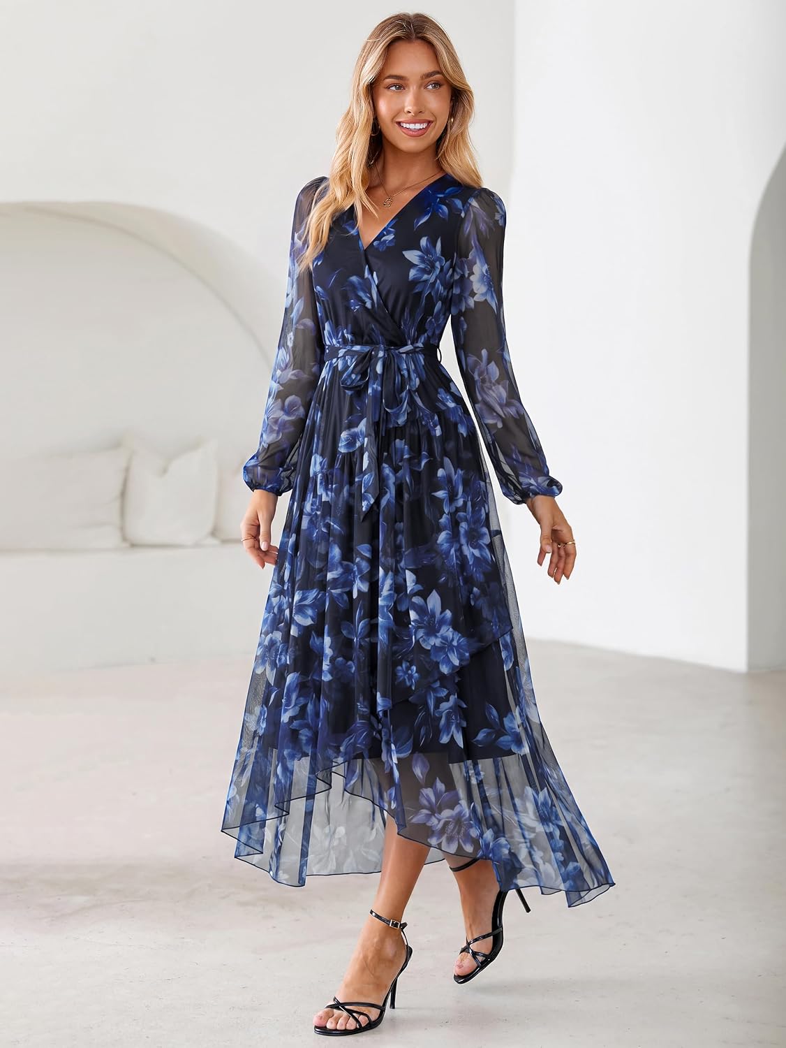 Women's Floral Long Sleeve Mesh Maxi Dress Fall V-Neck Wrap High Low Swing Wedding Guest — view 3
