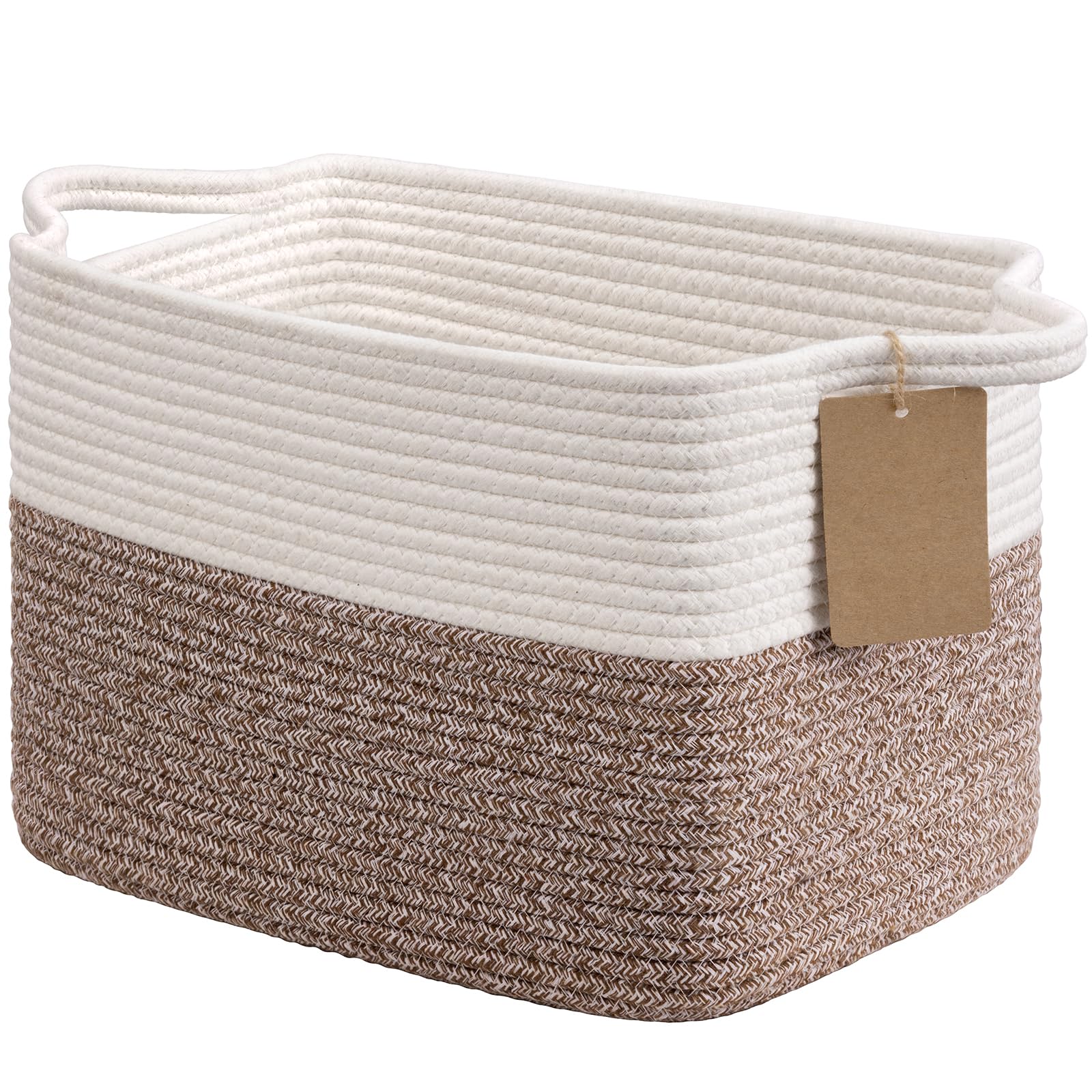 Timeyard Brown Woven Storage Basket, Cotton Rope Baskets For Toys, Books, Small Baby Laundry Baskets With Handles, Rectangle Dog Toy Basket For Living Room, 33 X 25.4 X 22.9 Cm