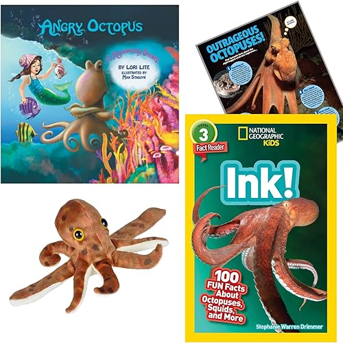 Octopus STEAM - Juego de regalo educativo con brazalete de peluche Huggers, pulpo de peluche, tinta. Lector de nivel 3 de National Geographic libro