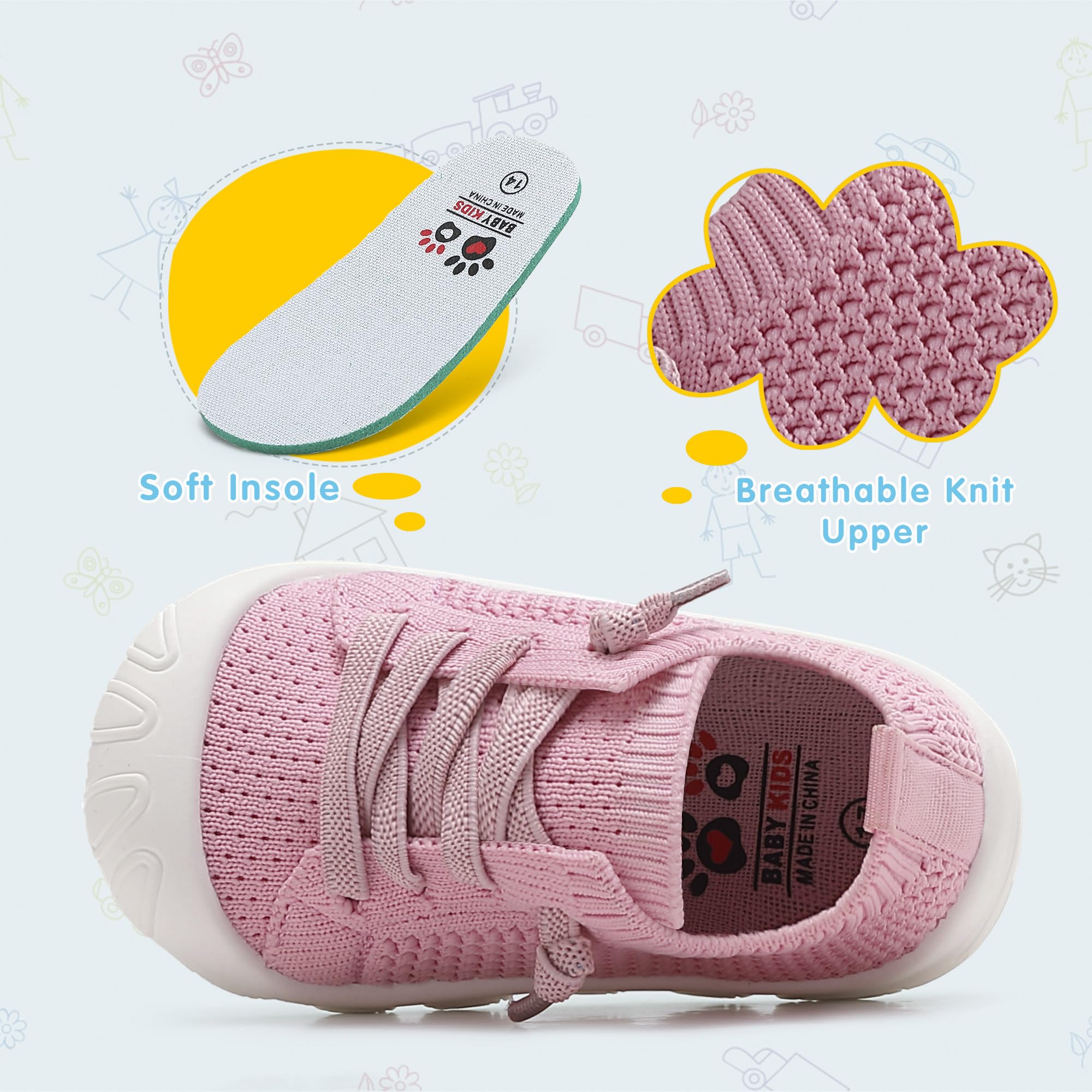 AILYLAKP Toddler Baby Girls Boys Shoes Toddler Walking Sneakers Kids Barefoot Slip on Tennis Infant Shoes Lightweight Breathable for First Babies Pink