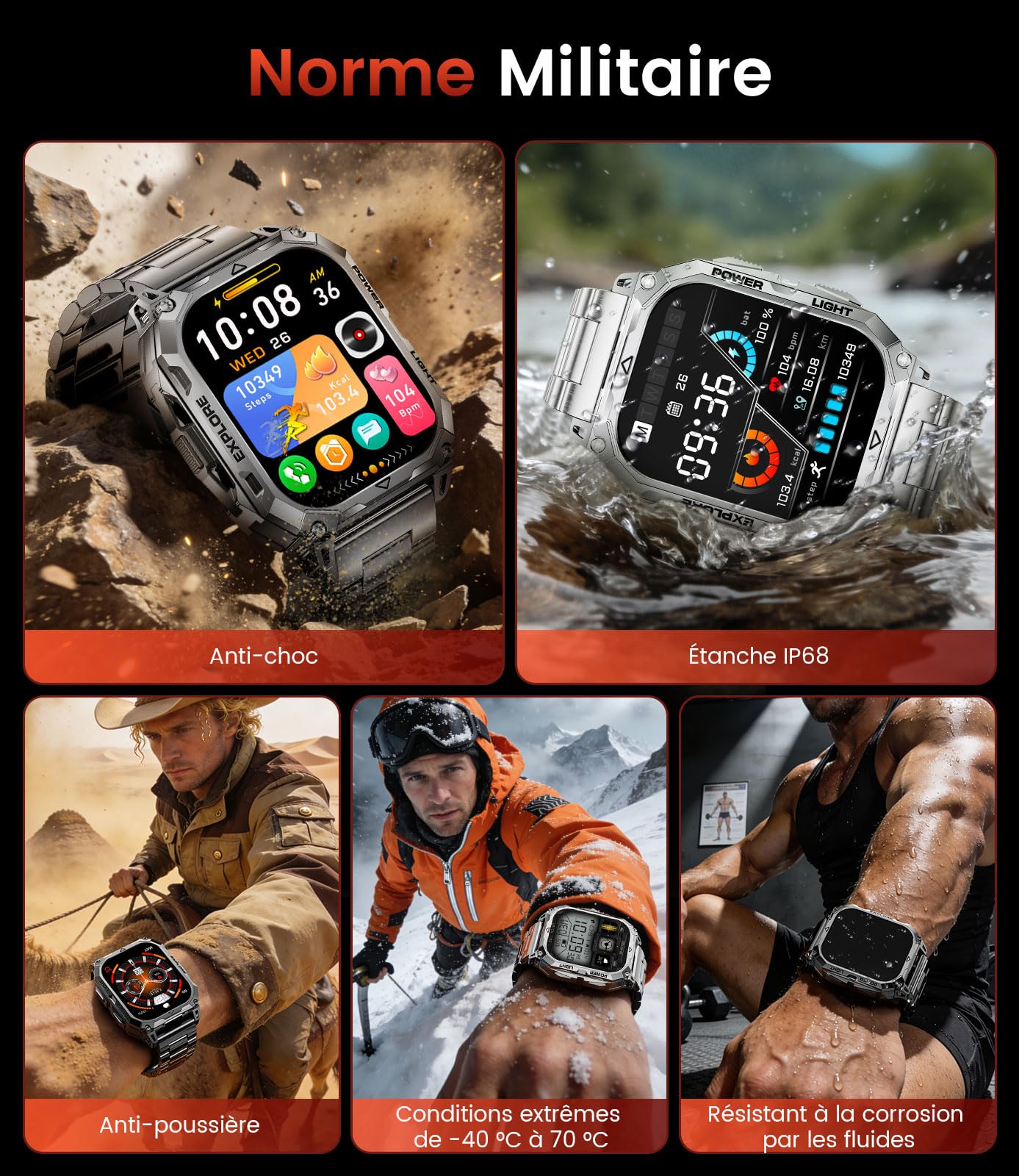 FITFLEX Montre Connectée Homme avec 1000mAh/2.01" HD Grand Écran Militaire Smartwatch avec Appel Bluetooth,Moniteur de Fréquence Cardiaque/Sommeil/120 Modes Sportifs, IP68 Étanche Android iOS,Noir