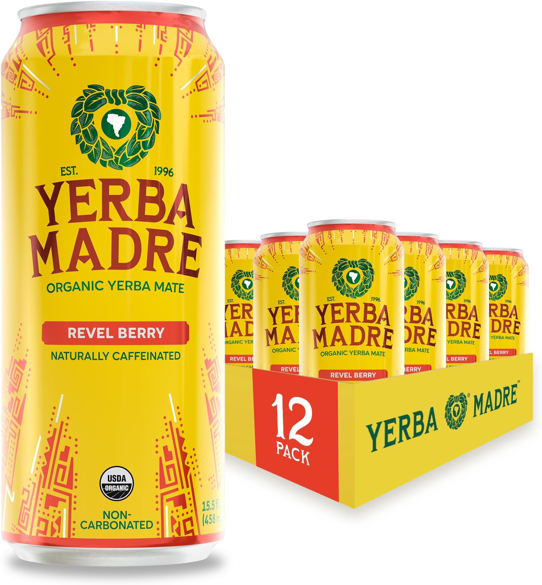 Yerba Madre Organic Yerba Mate, Revel Berry, 150mg Natural Caffeine, Energy Drink Alternative, No Jitters or Crash, 15.5 Oz Cans (Pack of 12)