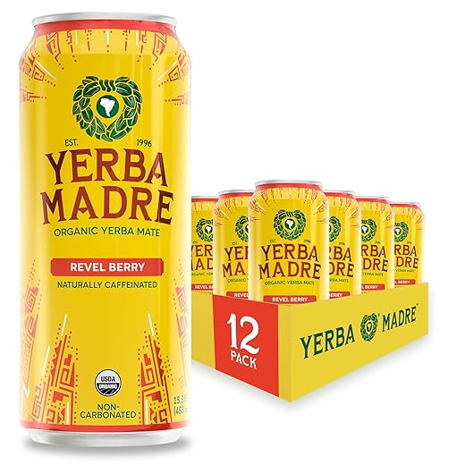 Yerba Madre Organic Yerba Mate, Energy Drink Alternative, Revel Berry, 150mg Natural Plant Based Caffeine, Better for You Energy & Focus, No Jitters or Crash, 15.5 Oz (Pack of 12) (Packaging May Vary)
