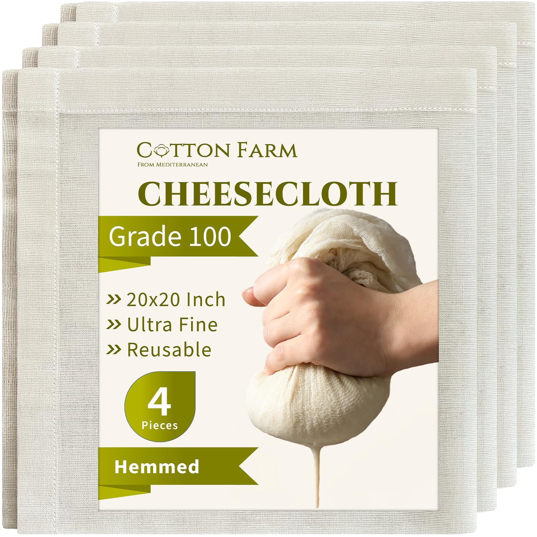 COTTON FARM FROM MEDITERRANEANCheese Cloths, Grade 100 – 20x20 inch Hemmed, Unbleached, 100% , Ultra Fine Reusable Muslin Cheesecloth for Straining, Cooking, Baking, (4 pcs)