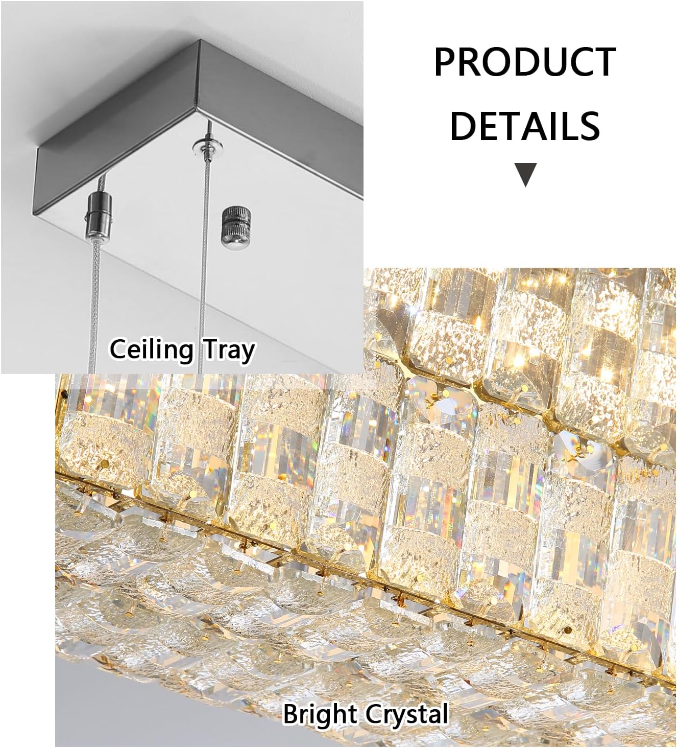 Rectangular Crystal Chandelier Glam Dimmable LED Crystal Chandeliers for Dining Room Linear Pendant Light with Remote Control for Kitchen Island Silver