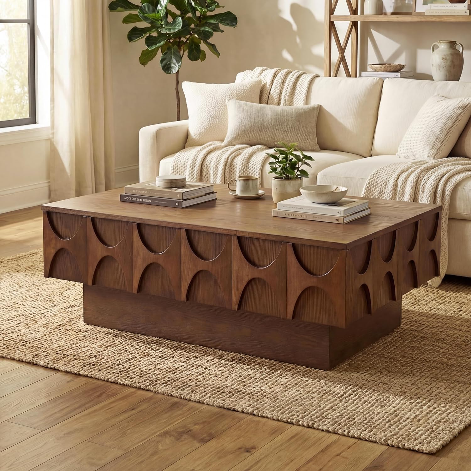 LKTART Solid Wood Veneer Coffee Table with Storage & Sliding Top, 38.6" Modern Mid Century Rectangle Center Table for Living Room, Home Office, Walnut
