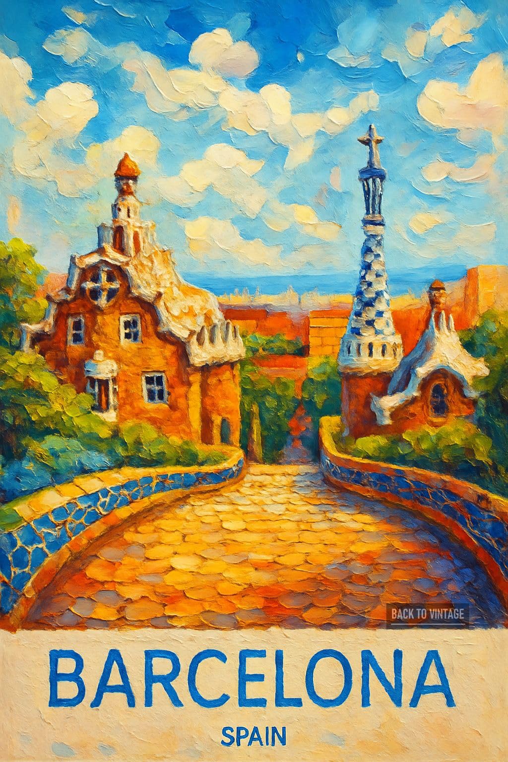 BACK TO VINTAGE Vibrant Impressionist Painting of Barcelona's Park Güell - A4 Travel City Poster Wall Art Home Decor Art Print with Iconic Landmarks and Global Views for Culture Inspired