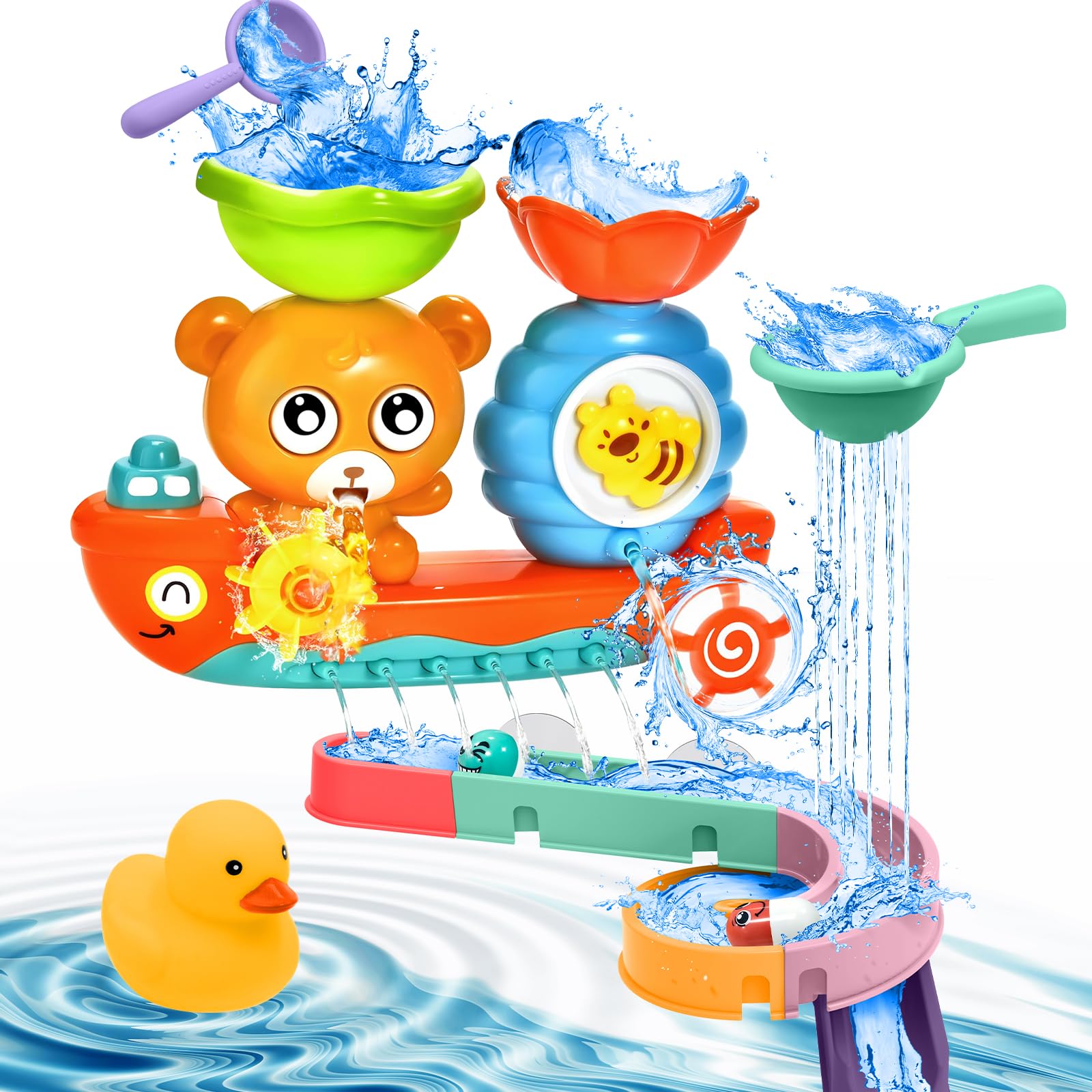 ALEENFOON Sensory Kids Bath Toys, Bath Toy for Children, Water Toy for Bathtub with 2 Suction Cup, Sensory Toys Bear Waterfall Tub Toy for kids with Spoon, Pool Toys for Boys Girls Gift