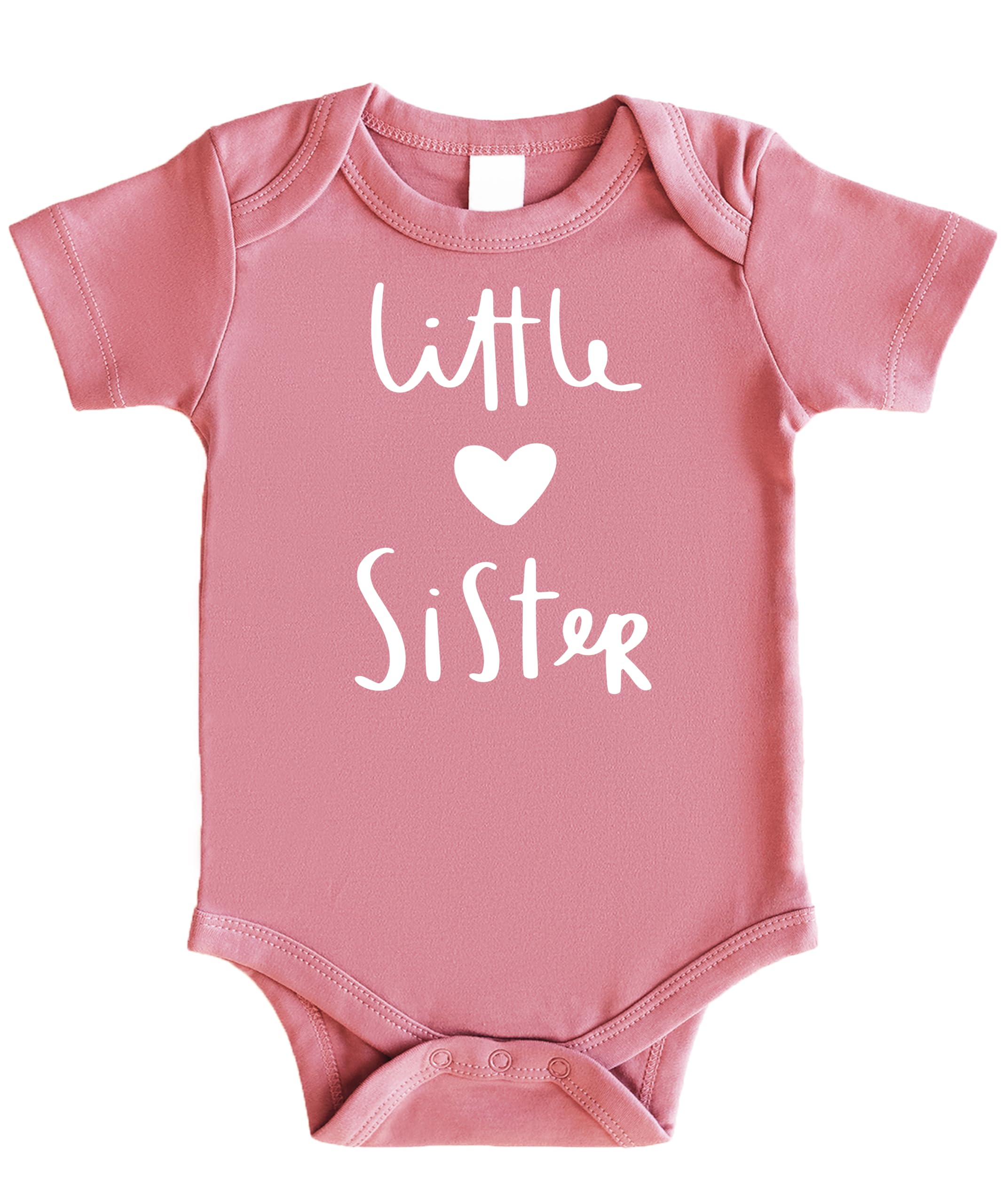 Olive Loves Apple Little Sister with Heart Bodysuit for Baby Girls Sister Sibling Outfits White on Mauve Bodysuit 6 Months