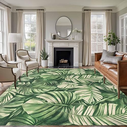 6x9 Area Rugs for Living Room, Tropical Leaves Non-Slip Area Rugs for Living Room Bedroom Entryway, Watercolor Retro Country Summer Leaf Washable