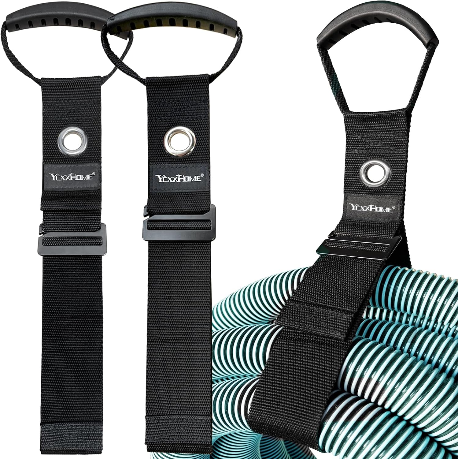 2 Pcs Heavy Duty Gravity Storage Strap with Grommet & Handle, Two Way Fastening (Coil Top + Sliding Buckle), Adjustable Hook & Loop Cable Strap for Hose, Extension Cord, Ladder, Garden Tools