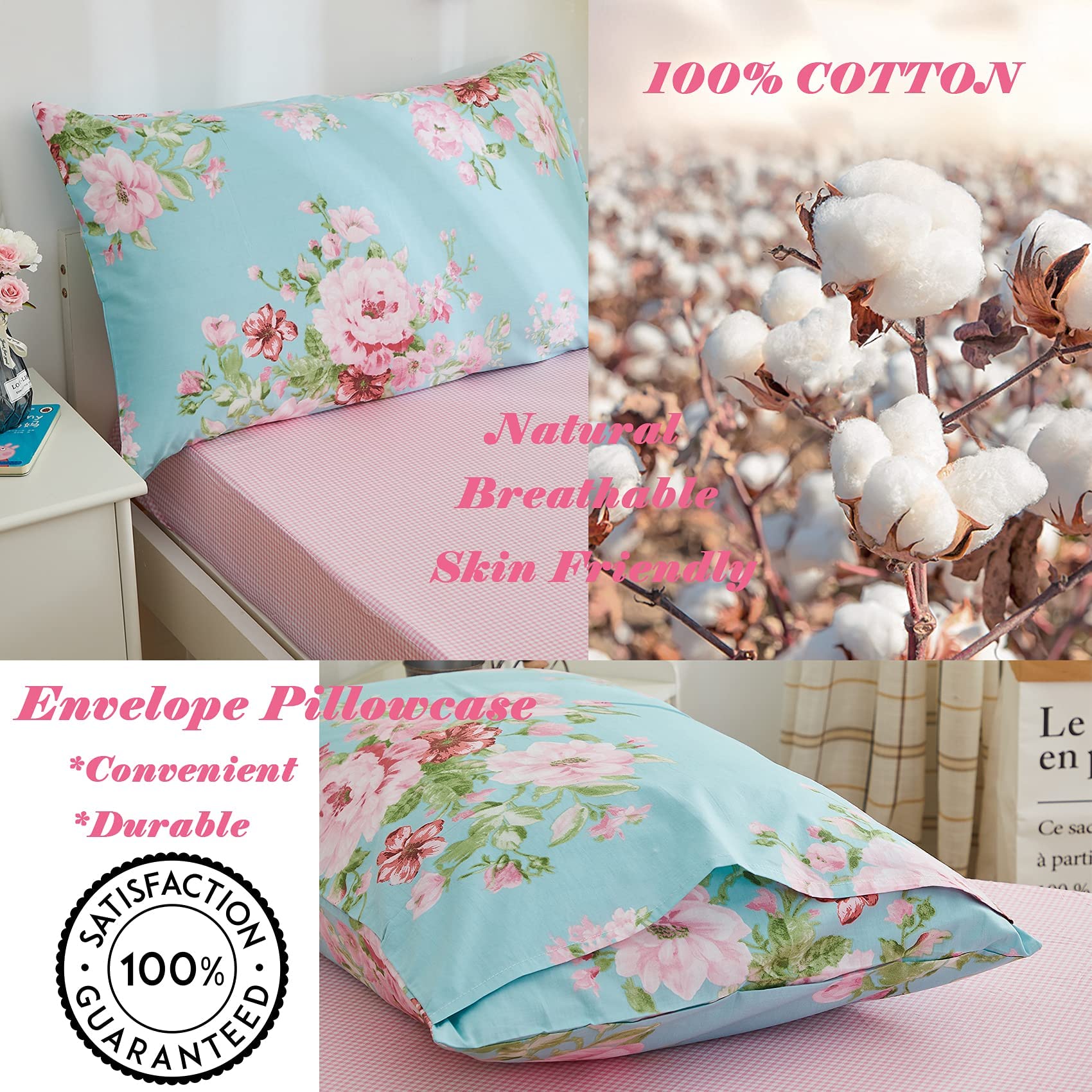 Brandream Juego de ropa de cama de algodón para niñas pequeñas en una bolsa, juego de edredón floral de jardín, juego de sábanas de cuadrícula rosa, 4 piezas